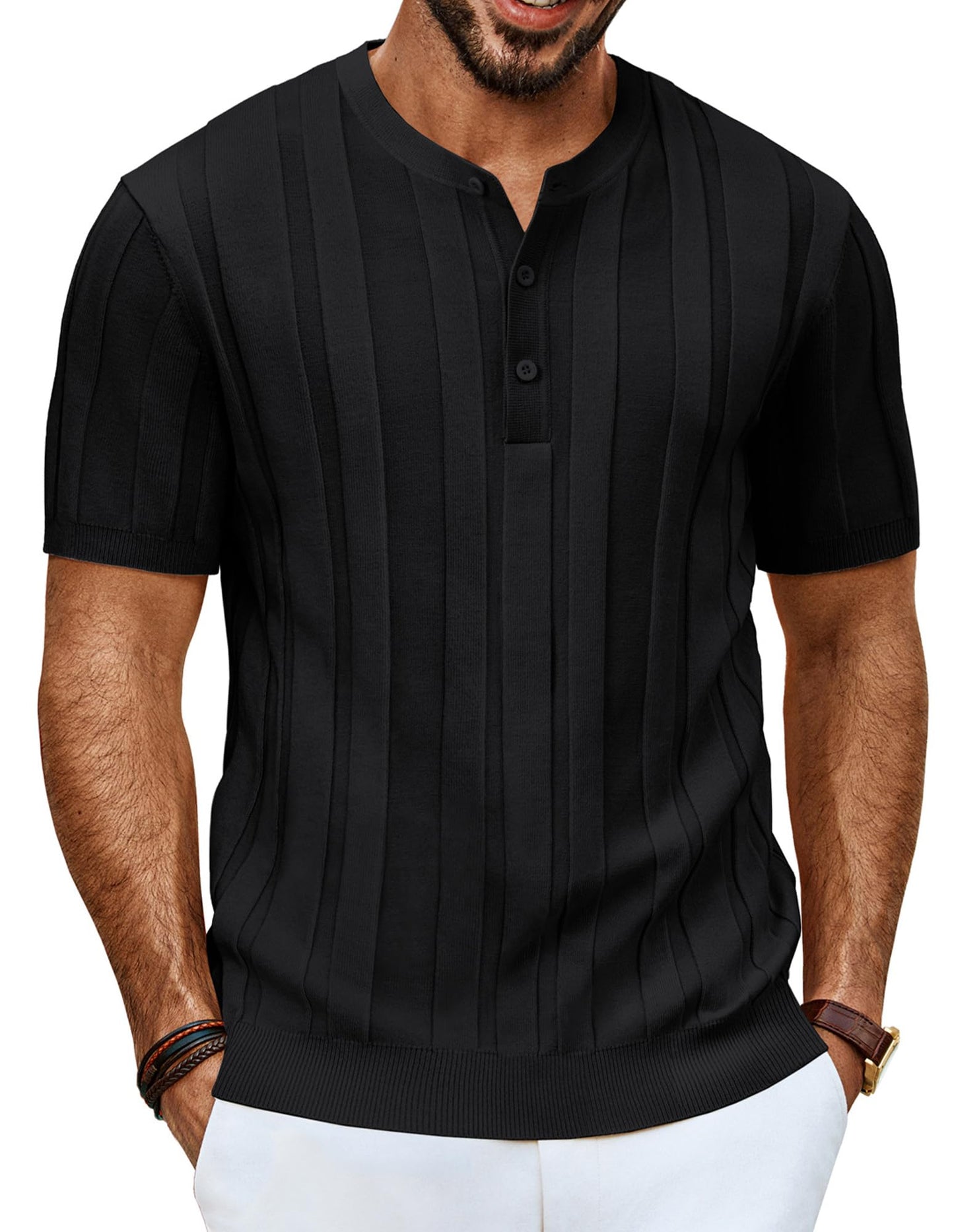 Men’s Henley Knit T-Shirt – Short Sleeve Summer Casual Tee