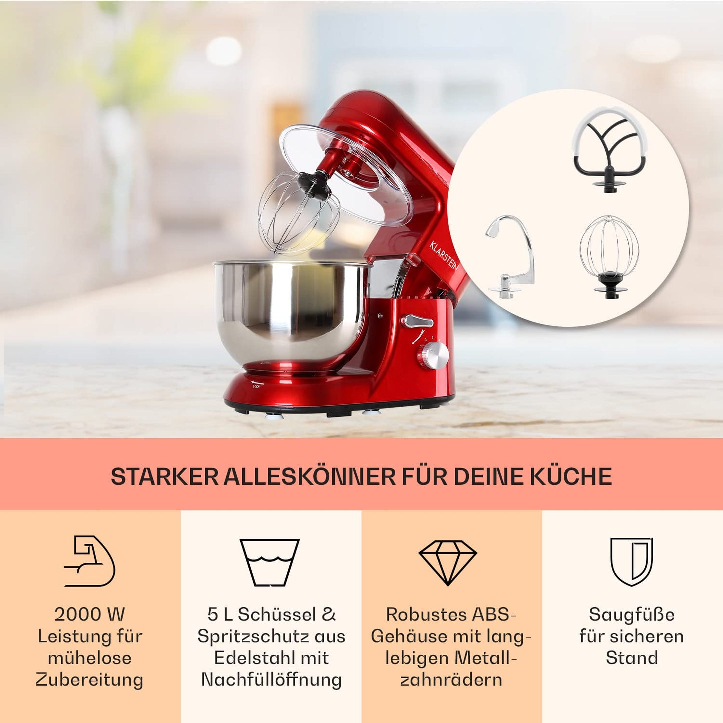 Klarstein Küchenmaschine, Knetmaschine mit 5L Schüssel, 1800W Profi Küchenmaschine mit Knethaken und Schneebesen, Universal Küchenmaschine mit 6 Stufen, Teigmaschine zum Rühren, Kneten und Aufschlagen
