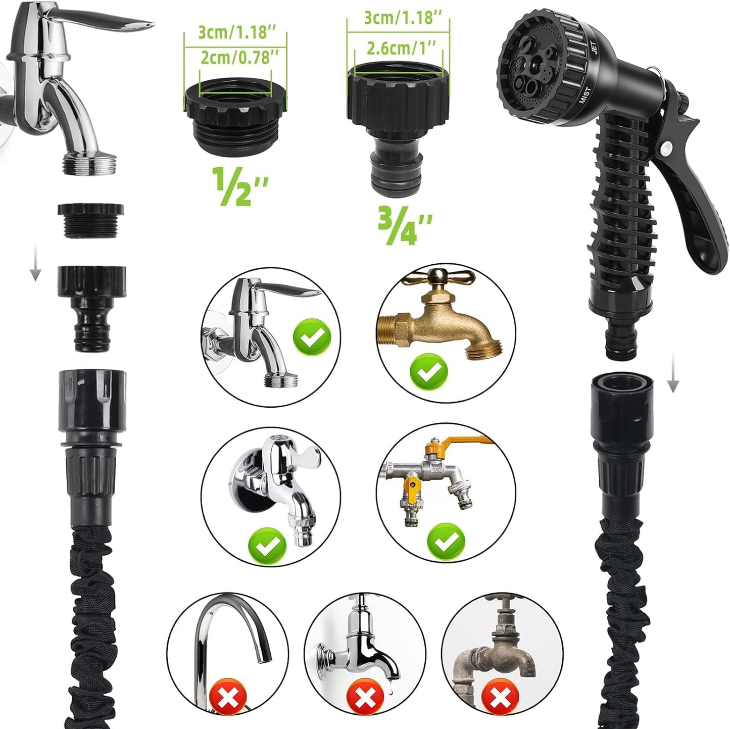 niboameu Gartenschlauch Flexibel, Wasserschlauch Dehnbar Flexibler Gartenschlauch 30 m mit 7 Funktionen Garten Handbraus, Schlauch Flexibel Bewässerung für Garten Haustier Autowäsche (100 Fuß, grün)