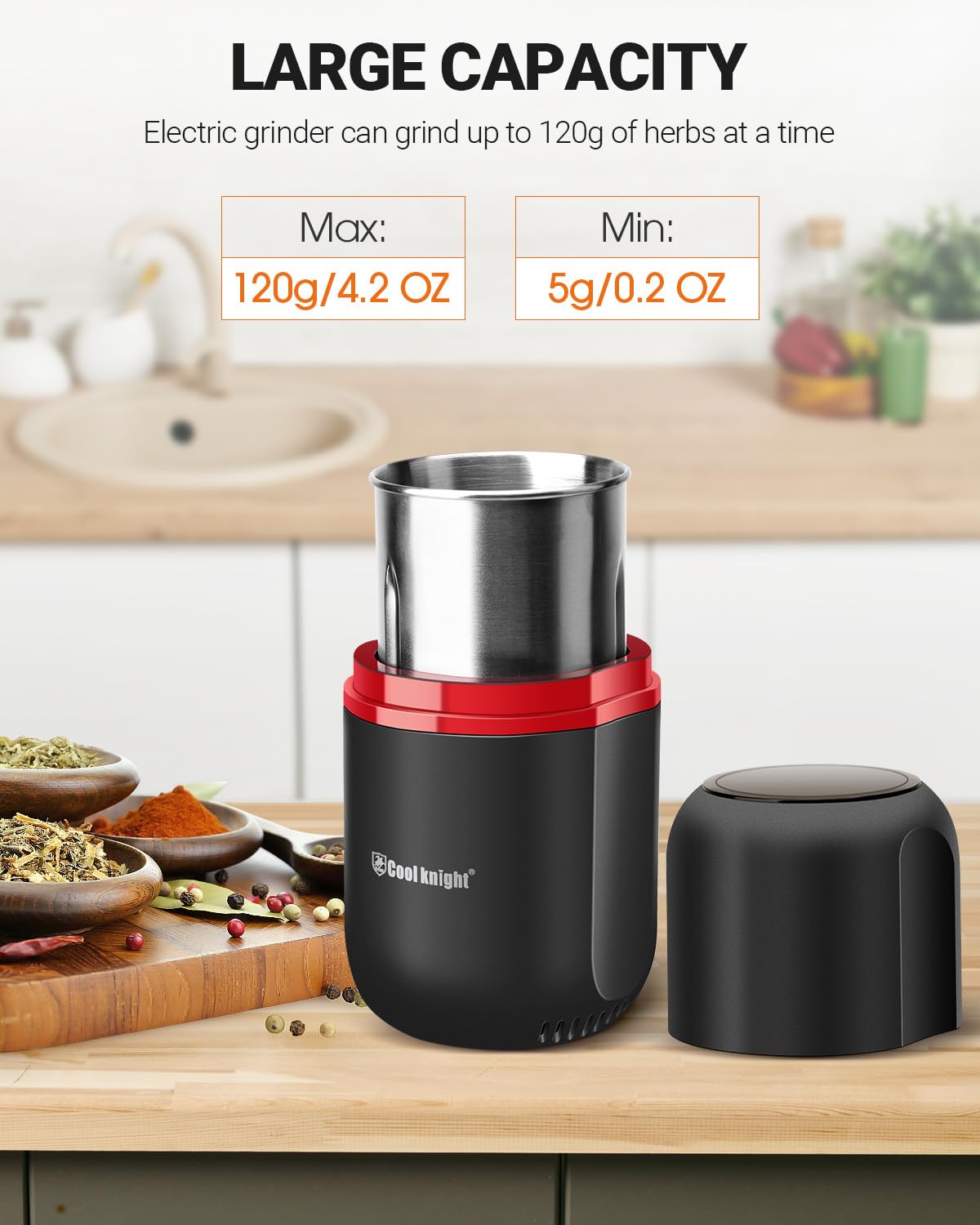 COOL KNIGHT Kaffeemühle Elektrisch, GewürzmüHle, Elektrische Kaffeemühle Mit 304-Edelstahlklinge, Geeignet Für Kaffeebohnen, Gewürze, Kräuter, Getreide, Nüsse.