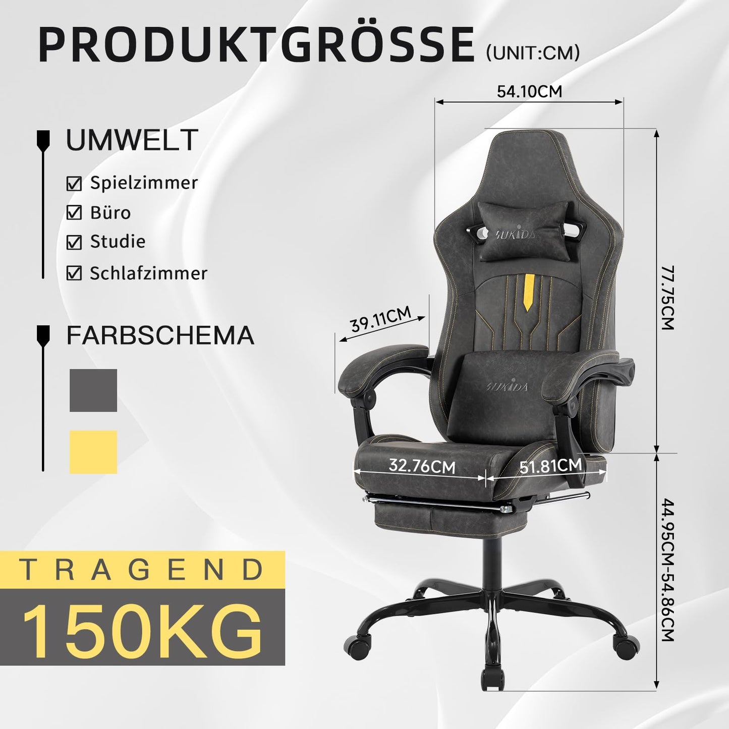 SUKIDA Gaming Stuhl Computerstuhl Ergonomischer Gaming Chair mit Fußstütze Bürostuhl Ergonomischer Computerstuhl mit Lendenwirbelstütze Schwarz