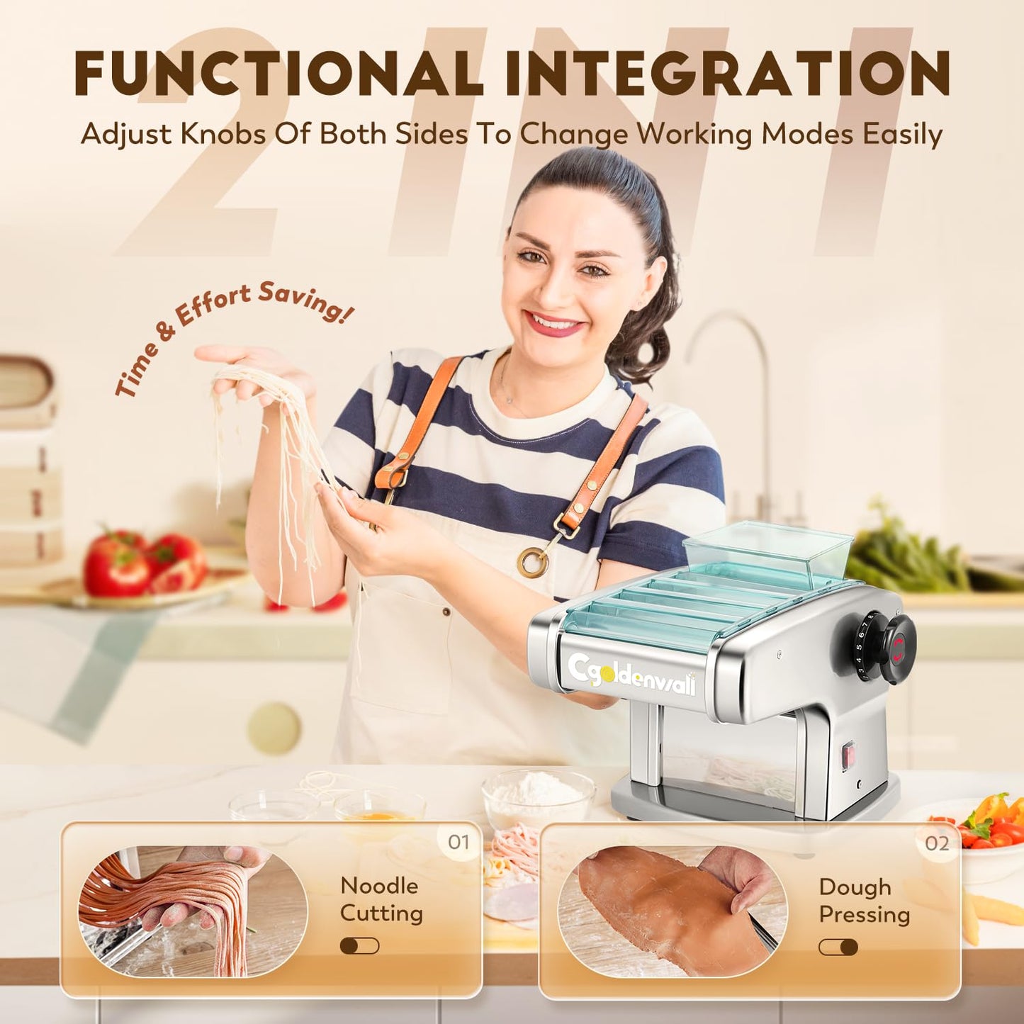 CGOLDENWALL Electric Pasta Machine Household Fresh Pasta Dough Machine Made of Stainless Steel with 2.5 mm Round and 4 mm Flat Blades, 9 Thickness Settings for Pasta/Spaghetti/Lasagna/Ravioli