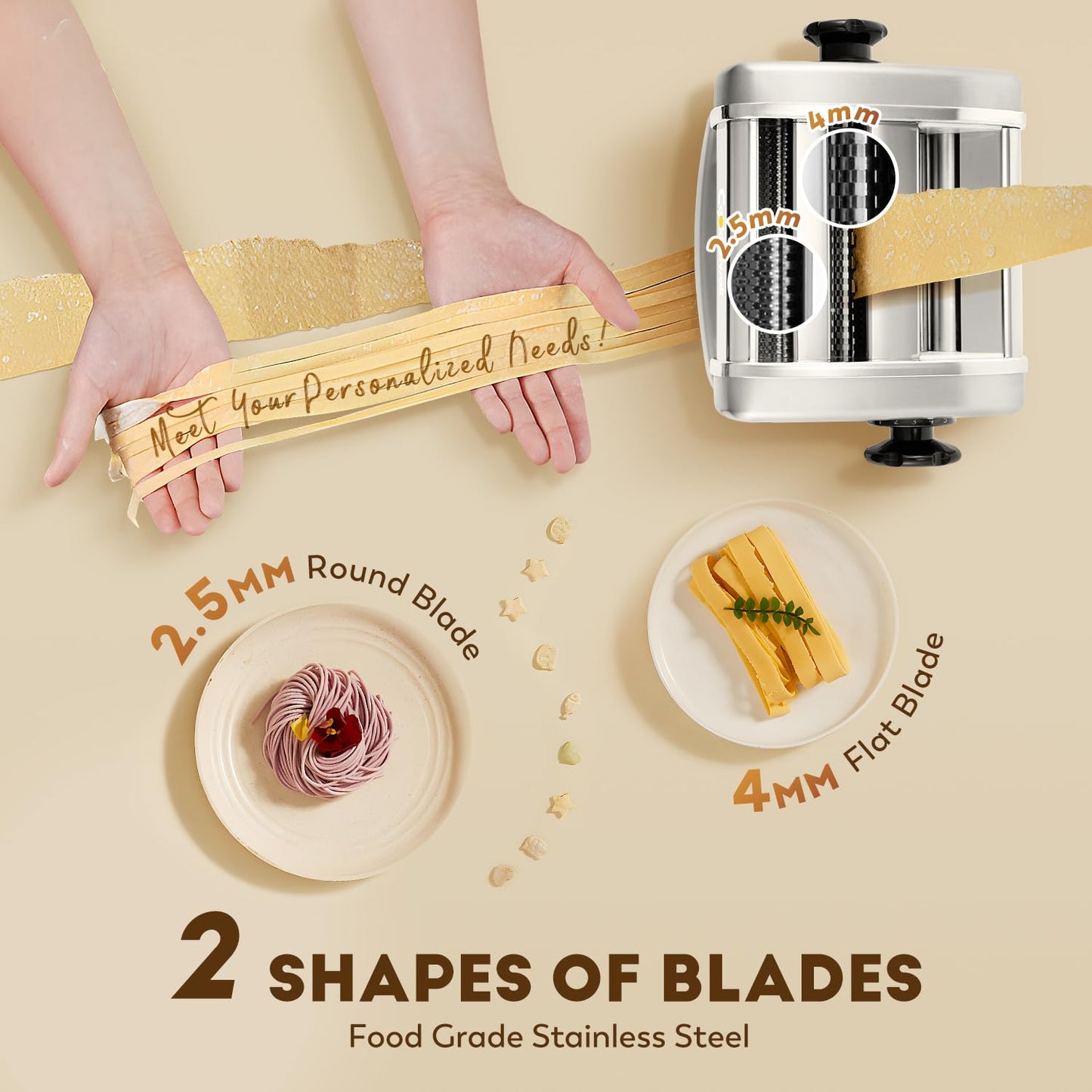 CGOLDENWALL Electric Pasta Machine Household Fresh Pasta Dough Machine Made of Stainless Steel with 2.5 mm Round and 4 mm Flat Blades, 9 Thickness Settings for Pasta/Spaghetti/Lasagna/Ravioli