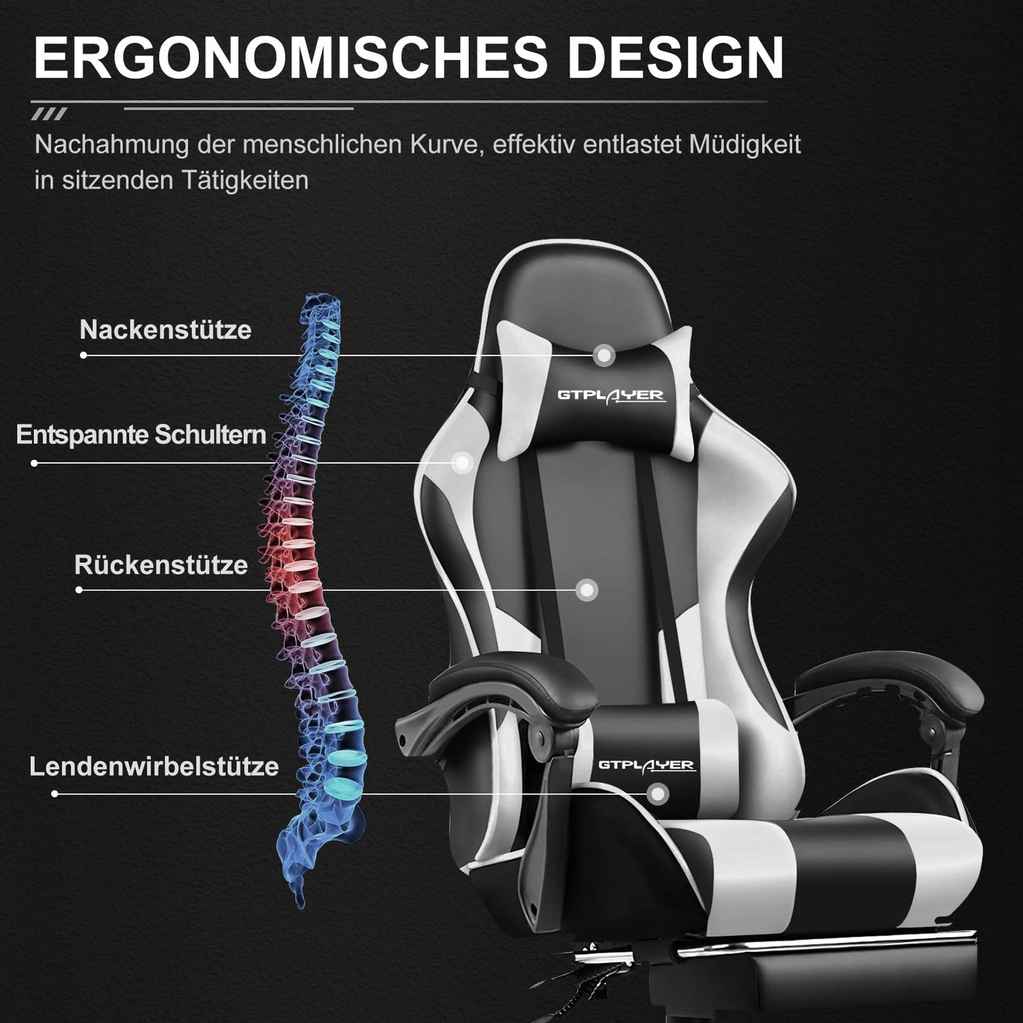 GTPLAYER Office Chair Gaming Chair Massage Gaming Armchair Ergonomic Gamer Chair with Footrest, Headrest Massage Lumbar Cushion, Padded Gaming Chair, Swivel Chair White