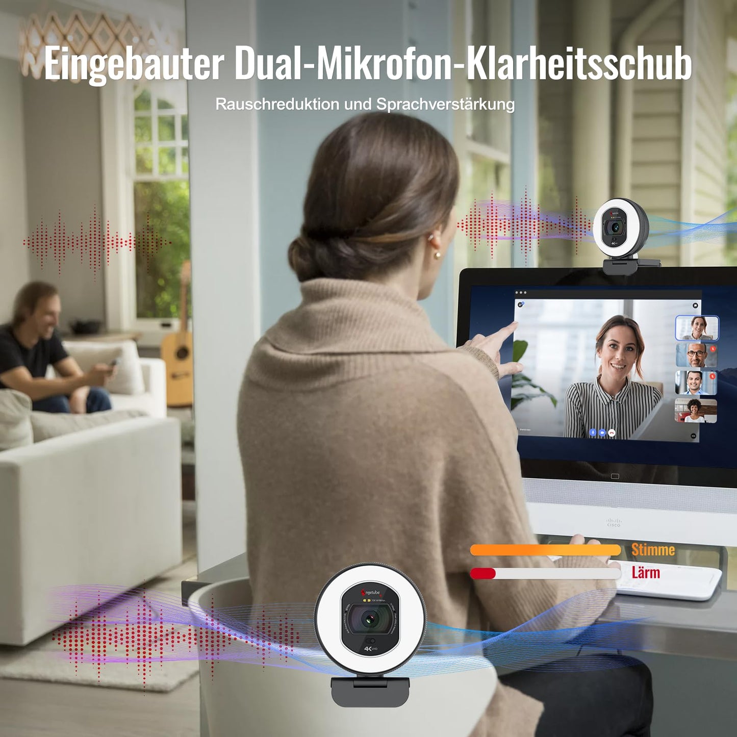 Angetube Webcam 4K mit Licht – Streaming-Kamera für PC mit Dual-AI-Rauschunterdrückungs-Mikrofon, Auto-Fokus und eingebautem Sichtschutz. USB 1080P 60FPS Webcam für Laptop und Mac