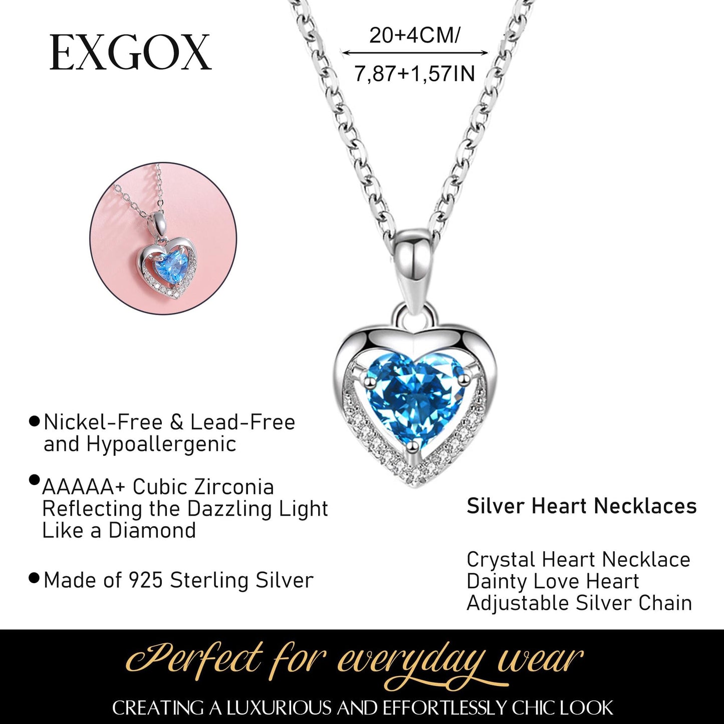 EXGOX Sterling Silver Heart Pendant Necklace