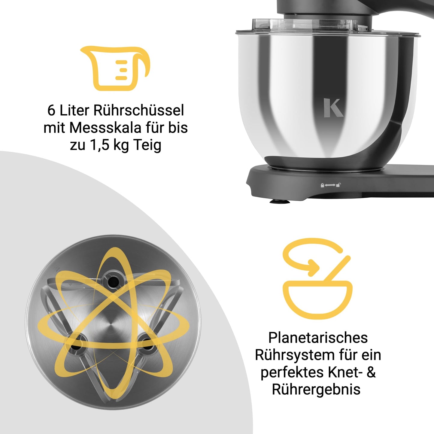 KLAMER Küchenmaschine 1800W, Knetmaschine Brotteig mit Edelstahl-Rührschüssel 6 L, 10 Stufen mit Timer, Planetenrührwerk, Rührbesen, Knethaken, Schneebesen & Sichtdeckel (schwarz)