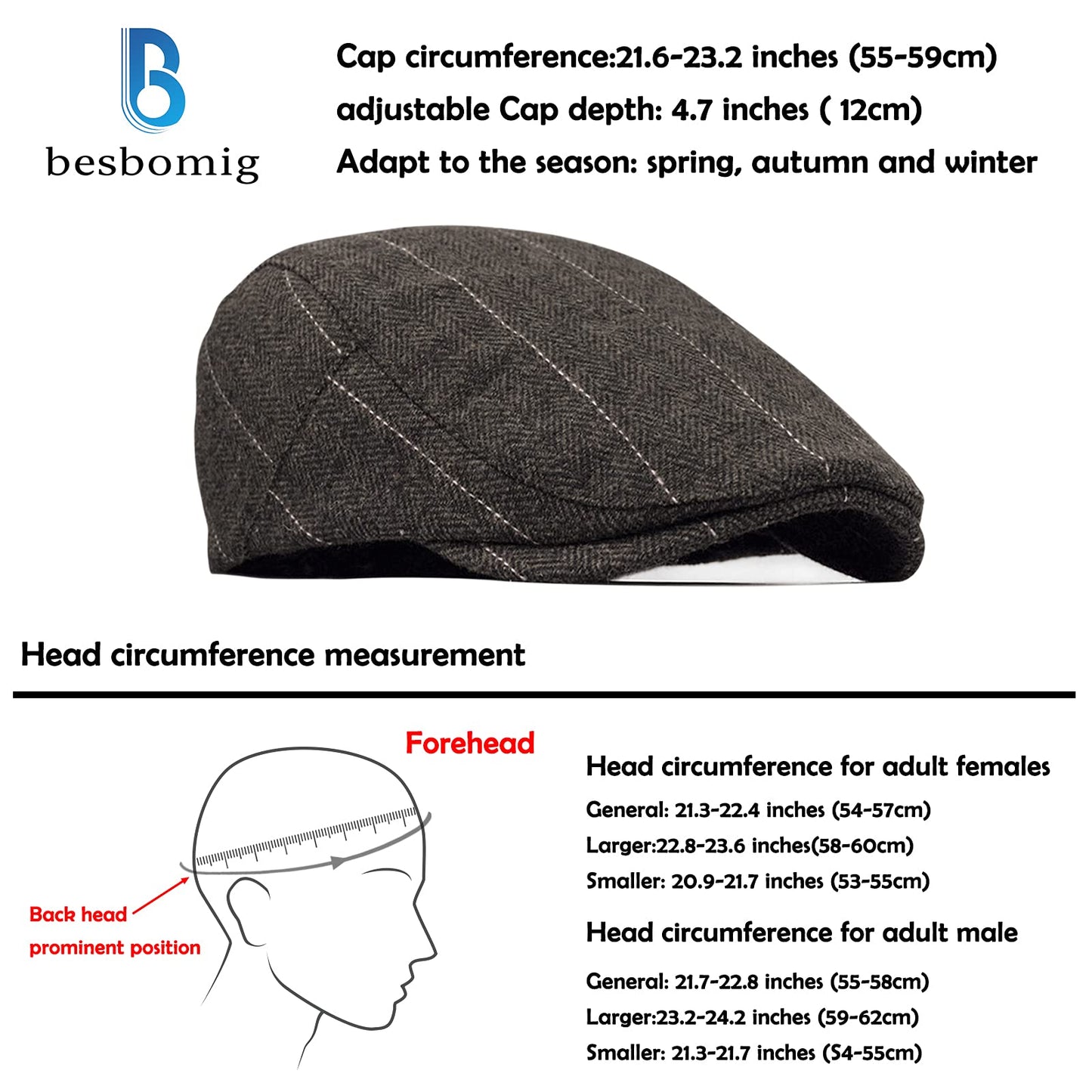 besbomig Schiebermütze Barret Flat Cap Schirmmütze für Herren Damen, Gatsby Newsboy Cap Baskenmützen Golfermütze, Frühling Herbst Winter, 55-59cm