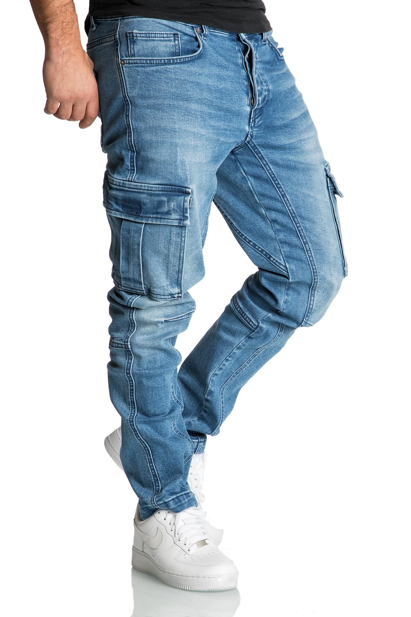 Men’s Cargo Jeans R7977 – Regular Slim Fit Stretch Denim Pants