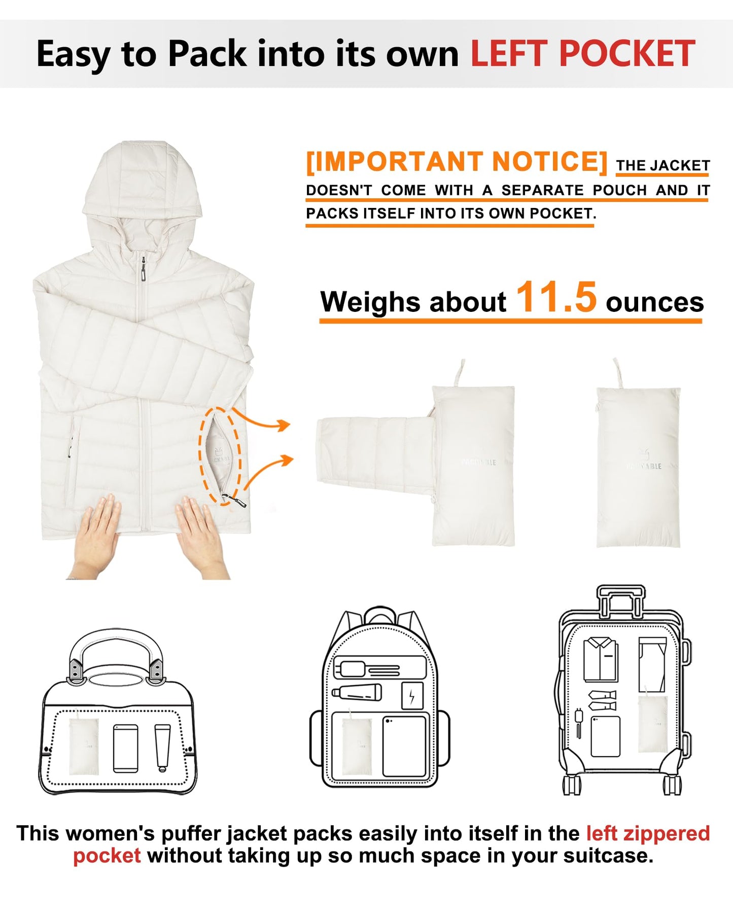 Outdoor Ventures Women’s Lightweight Hooded Puffer Jacket