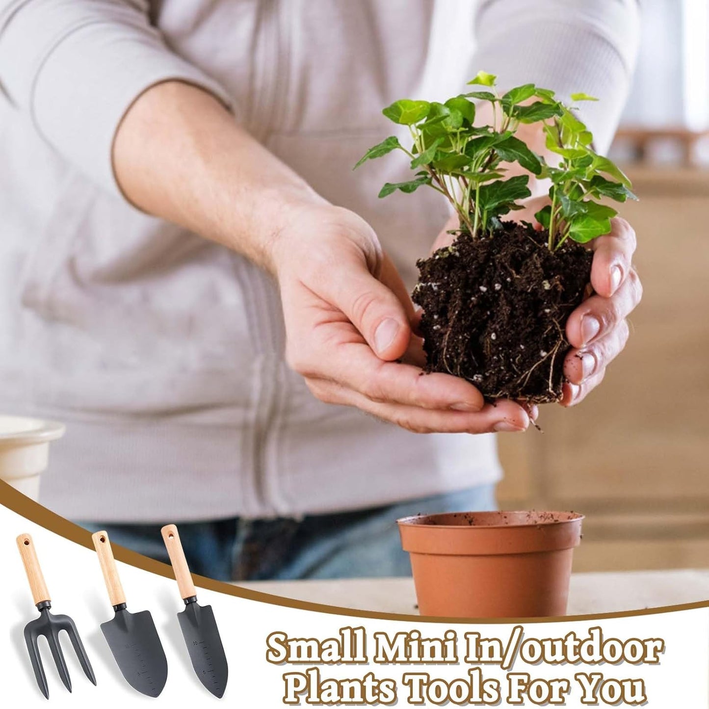 Gartenwerkzeug Set, 3 Stück Premium Gartengeräte-Set Holzgriff Handheld Gartenschaufel Kleine Schmale Schaufel Harke Gartenset Garten Tools für Bonsai Werkzeug Pflanze Topfblumen