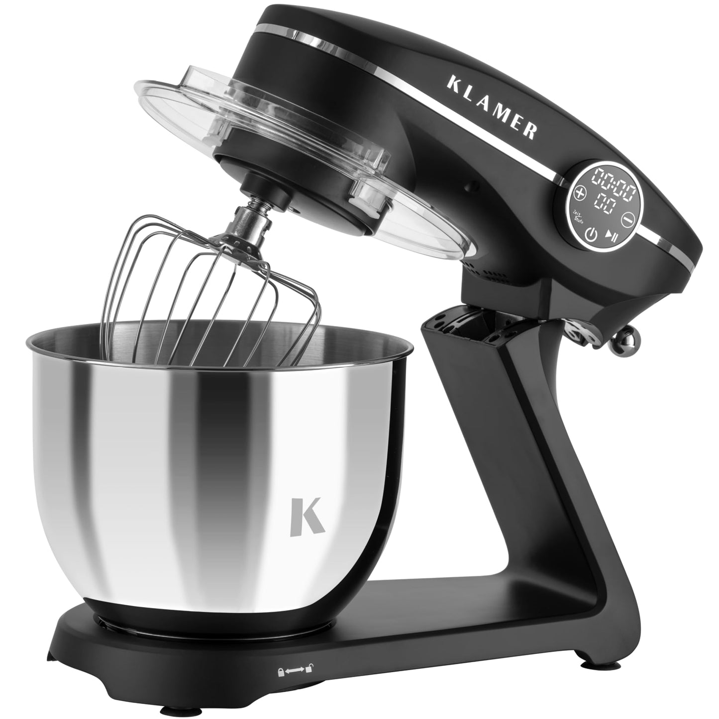 KLAMER Küchenmaschine 1800W, Knetmaschine Brotteig mit Edelstahl-Rührschüssel 6 L, 10 Stufen mit Timer, Planetenrührwerk, Rührbesen, Knethaken, Schneebesen & Sichtdeckel (schwarz)