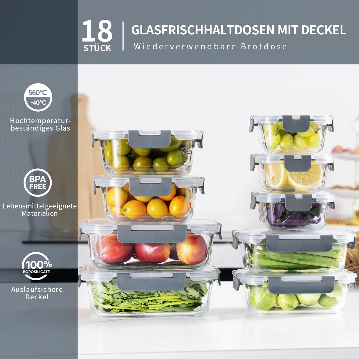 GENICOOK Frischhaltedose aus Glas/Glasbehälter mit Deckel/Vorratsdosen/Aufbewahrungsbehälter/Lebensmittelbehälter für Küche(9 Vorratsdosen mit 9 Deckel)