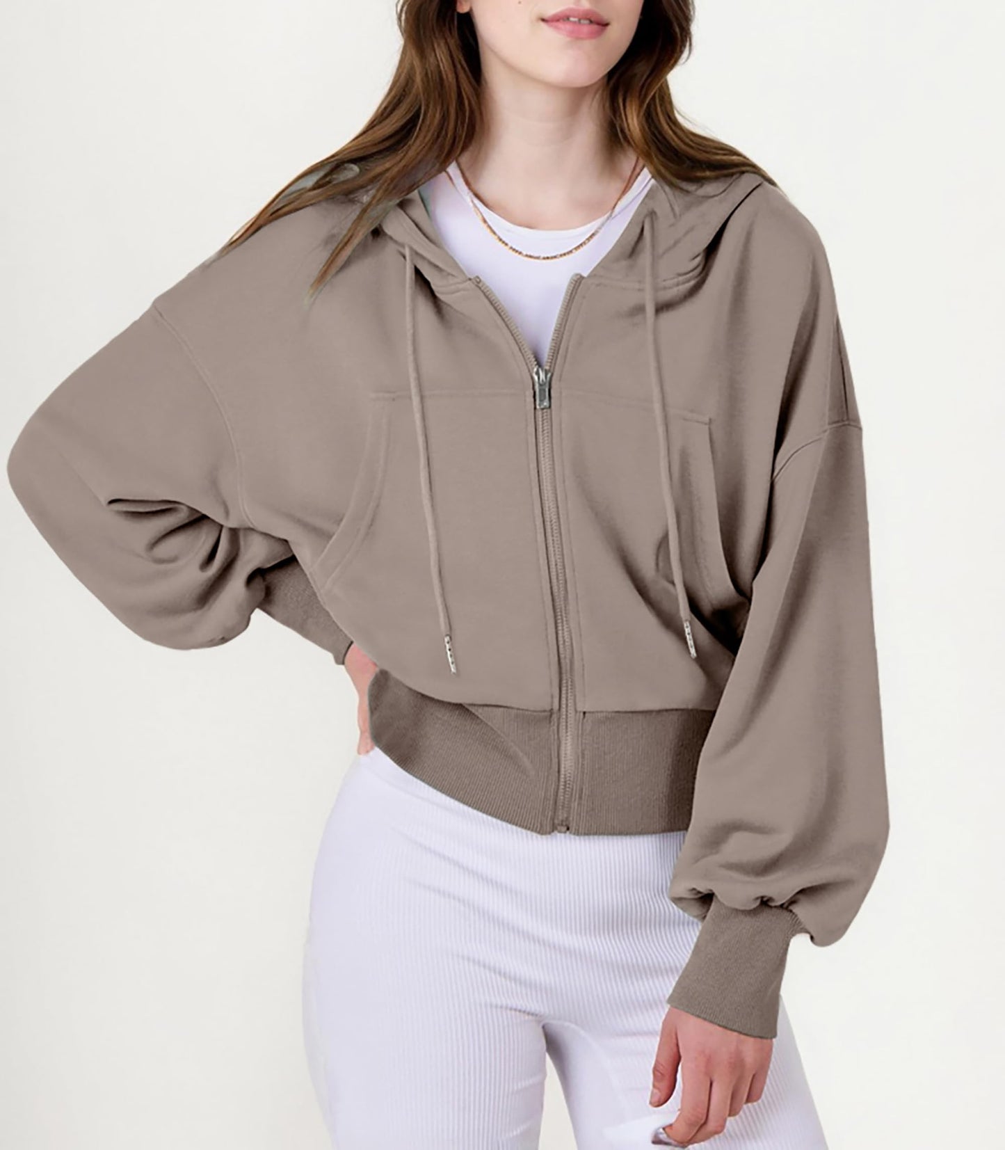 Jhsnjnr Women’s Cropped Zip-Up Hooded Sweat Jacket
