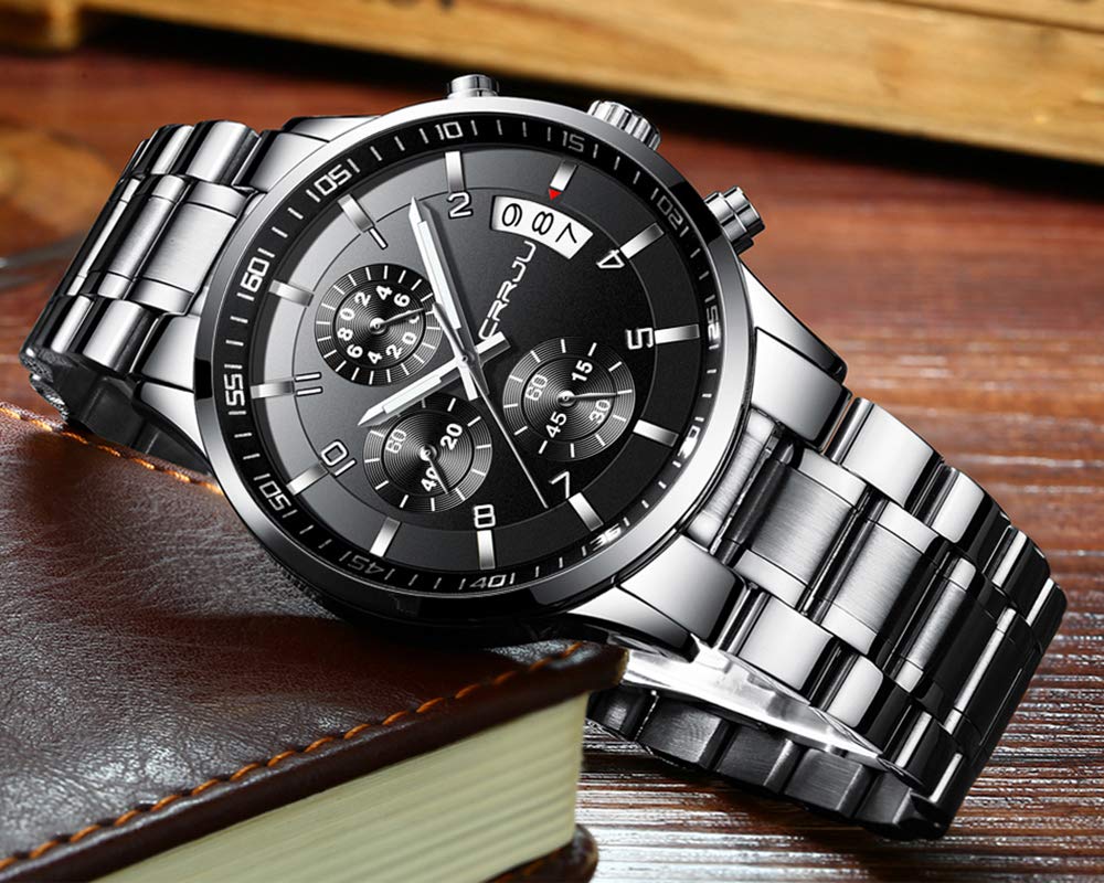 CRRJU Herren Uhr Business Edelstahl wasserdichte Chronographen mit Kalender Armbanduhr Edelstahlband Stoppuhr Analog Quarzuhr