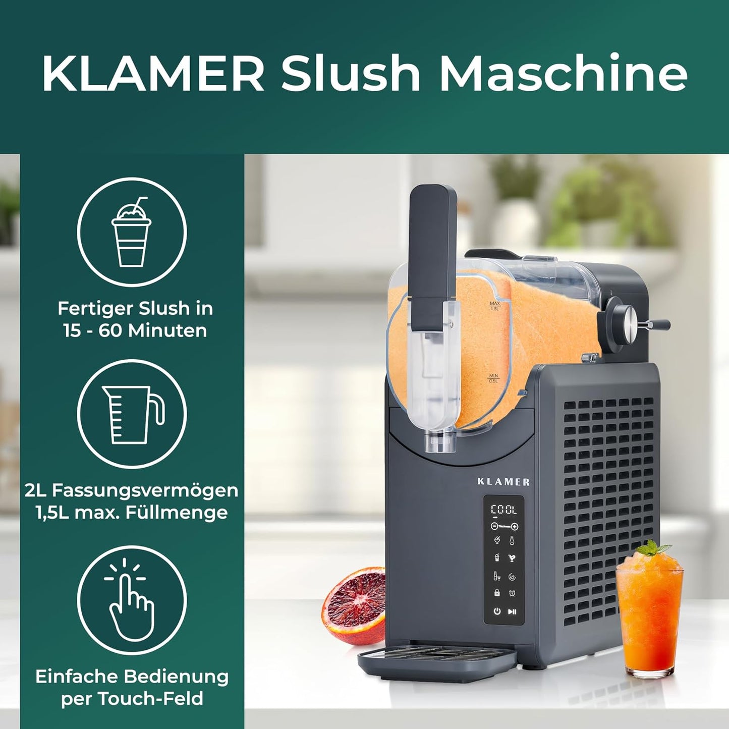 KLAMER Slush Maschine, mit 5 voreingestellten Programmen: Slushie, Cocktail, Milchshake, Frappé, Wein, Automatische Reinigung, 2L Fassungsvolumen, Turbo Freeze, kein Eis erforderlich