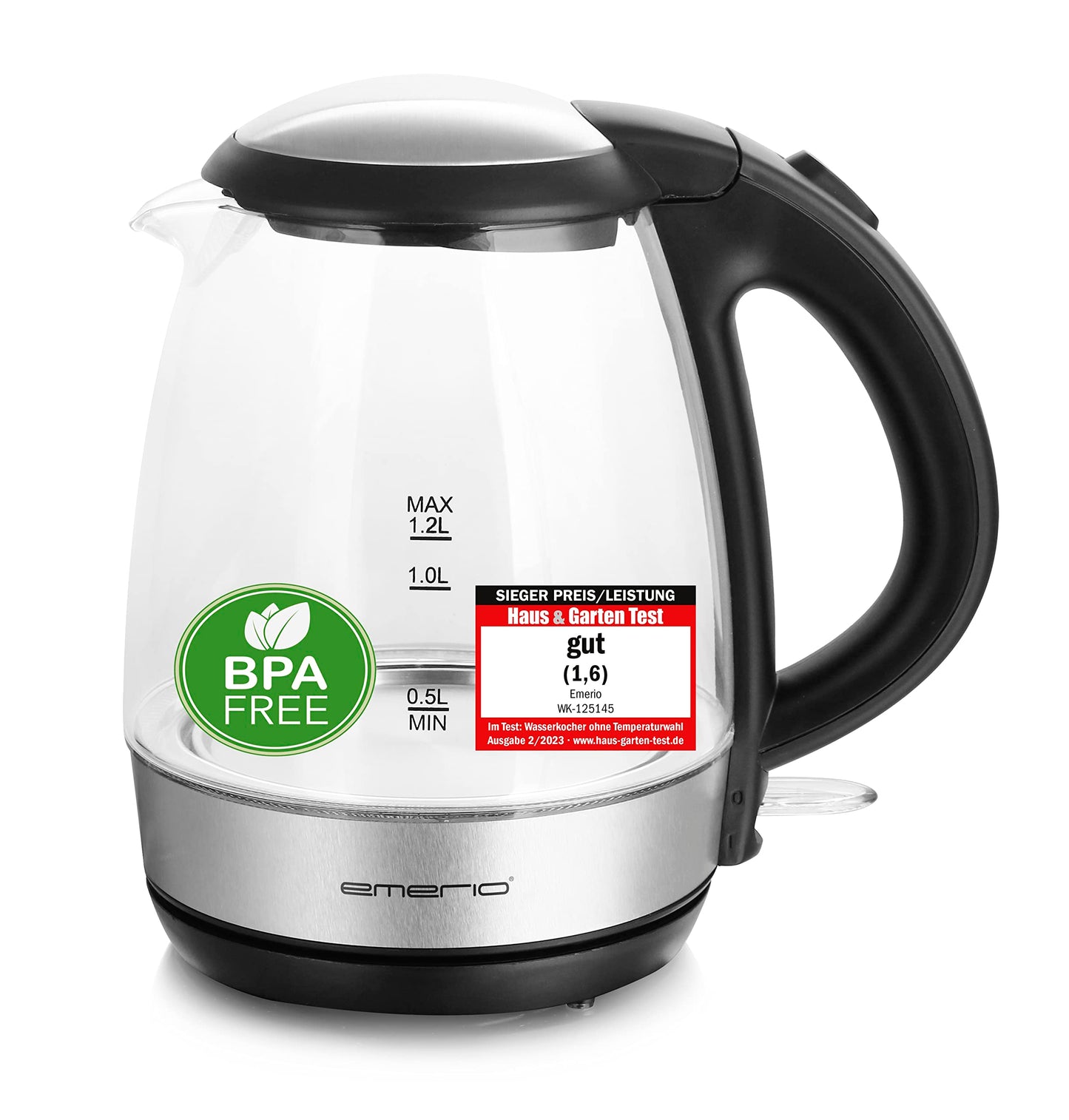 EMERIO Glas Wasserkocher mit 1.7 Liter Volumen | 2200 Watt | blaue LED Innenbeleuchtung | 360° Basis | SIEGER Preis/Leistung Haus & Garten Test | bestes Borosilikatglas | BPA frei | WK-119988.7