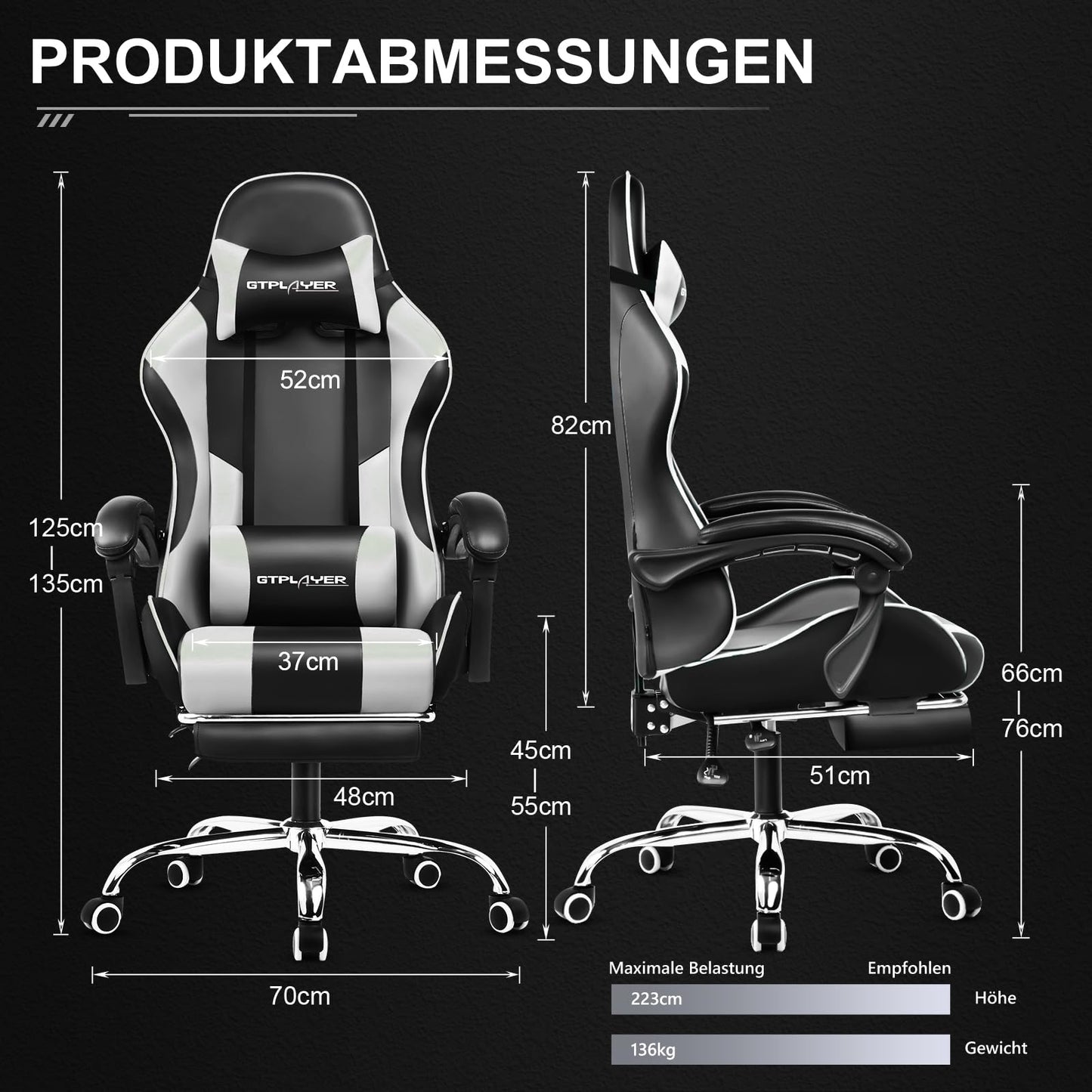 GTPLAYER Office Chair Gaming Chair Massage Gaming Armchair Ergonomic Gamer Chair with Footrest, Headrest Massage Lumbar Cushion, Padded Gaming Chair, Swivel Chair White
