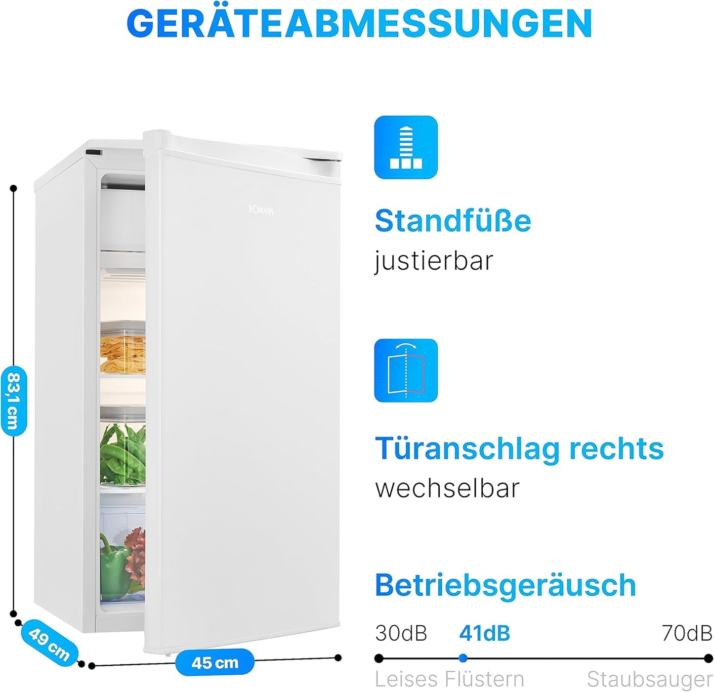 Bomann refrigerator with freezer compartment | 91L usable capacity including 8L freezer compartment | Small refrigerator | with reversible door hinge | Mini refrigerator with vegetable tray | 2 shelves | Quiet minibar | KS 7349