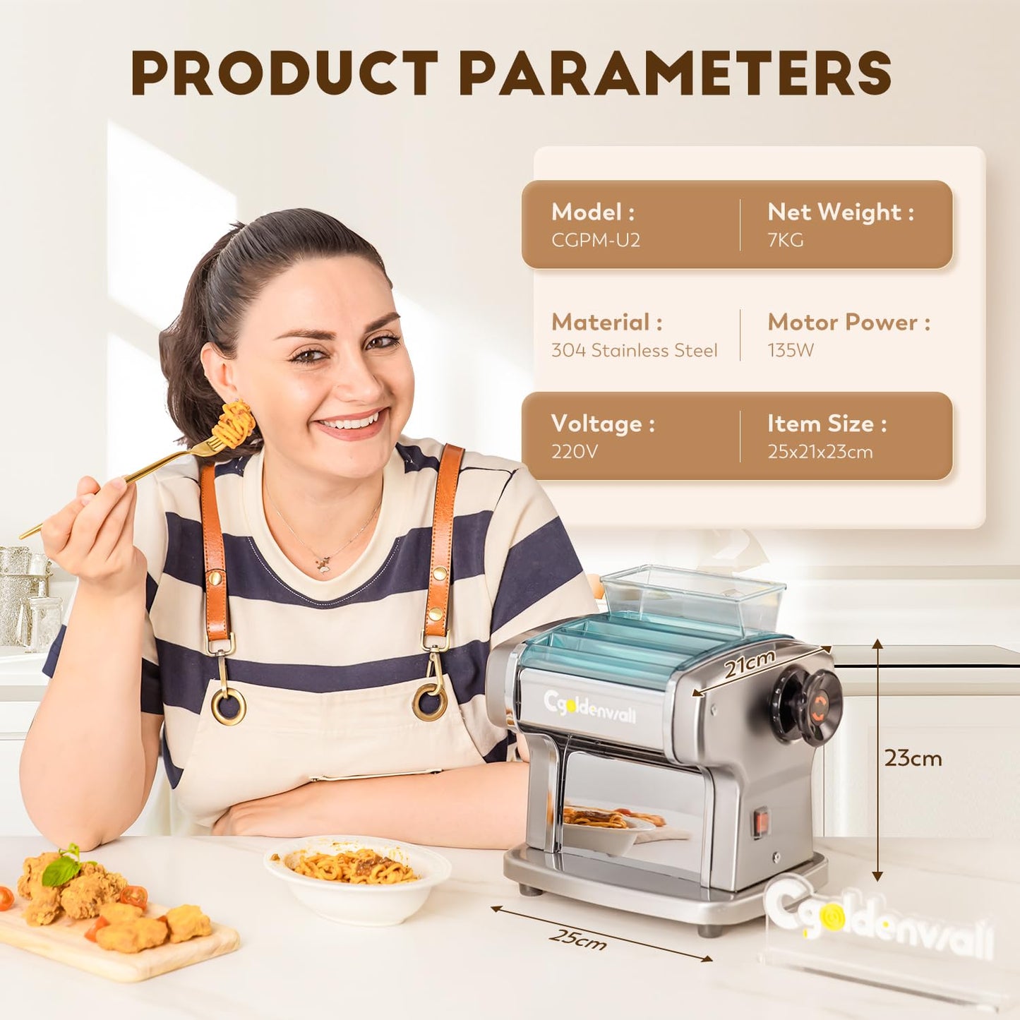 CGOLDENWALL Electric Pasta Machine Household Fresh Pasta Dough Machine Made of Stainless Steel with 2.5 mm Round and 4 mm Flat Blades, 9 Thickness Settings for Pasta/Spaghetti/Lasagna/Ravioli
