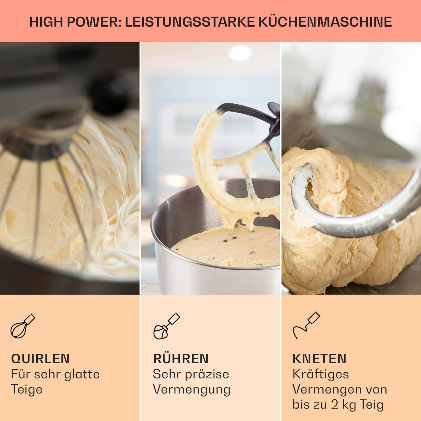 Klarstein Küchenmaschine, Knetmaschine mit 5L Schüssel, 1800W Profi Küchenmaschine mit Knethaken und Schneebesen, Universal Küchenmaschine mit 6 Stufen, Teigmaschine zum Rühren, Kneten und Aufschlagen