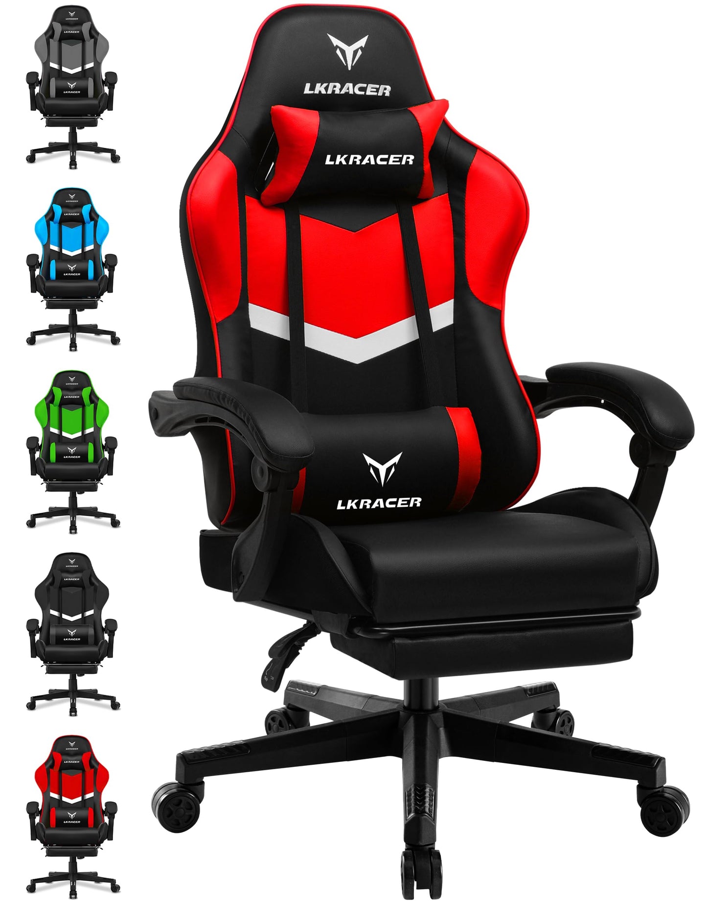 LUCKRACER Gaming Stuhl mit fußstütze Bürostuhl Ergonomisch mit verstellbare Lendenkissen, Kopfkissen Gaming Chair,Höhenverstellbarer Gamer Stuhl, 150 kg Belastbarkeit Grau