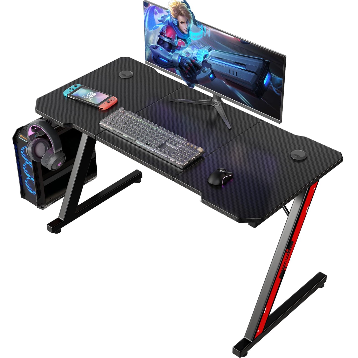 Homall Gaming Table, 80 x 52 cm, Z-Frame Gamer Desk with Headphone Hooks & Drink Holder, Carbon Coating, Ergonomic PC Computer Desk, Sturdy Table