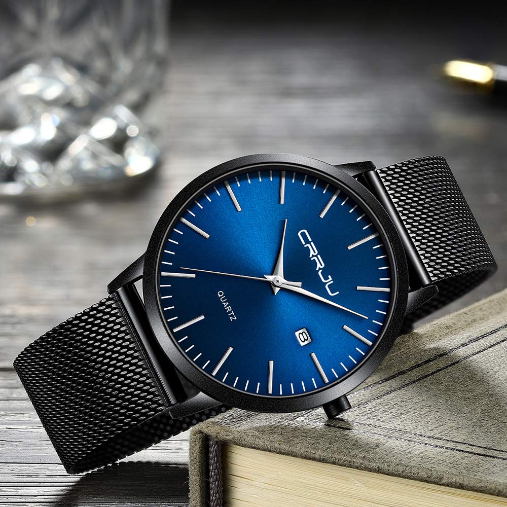 CRRJU Herren Uhr Ultra Dünne Wasserdicht Armbanduhr Herren Mode mit Schwarz Edelstahlband Mesh Analog Quarz Business Männer Uhren