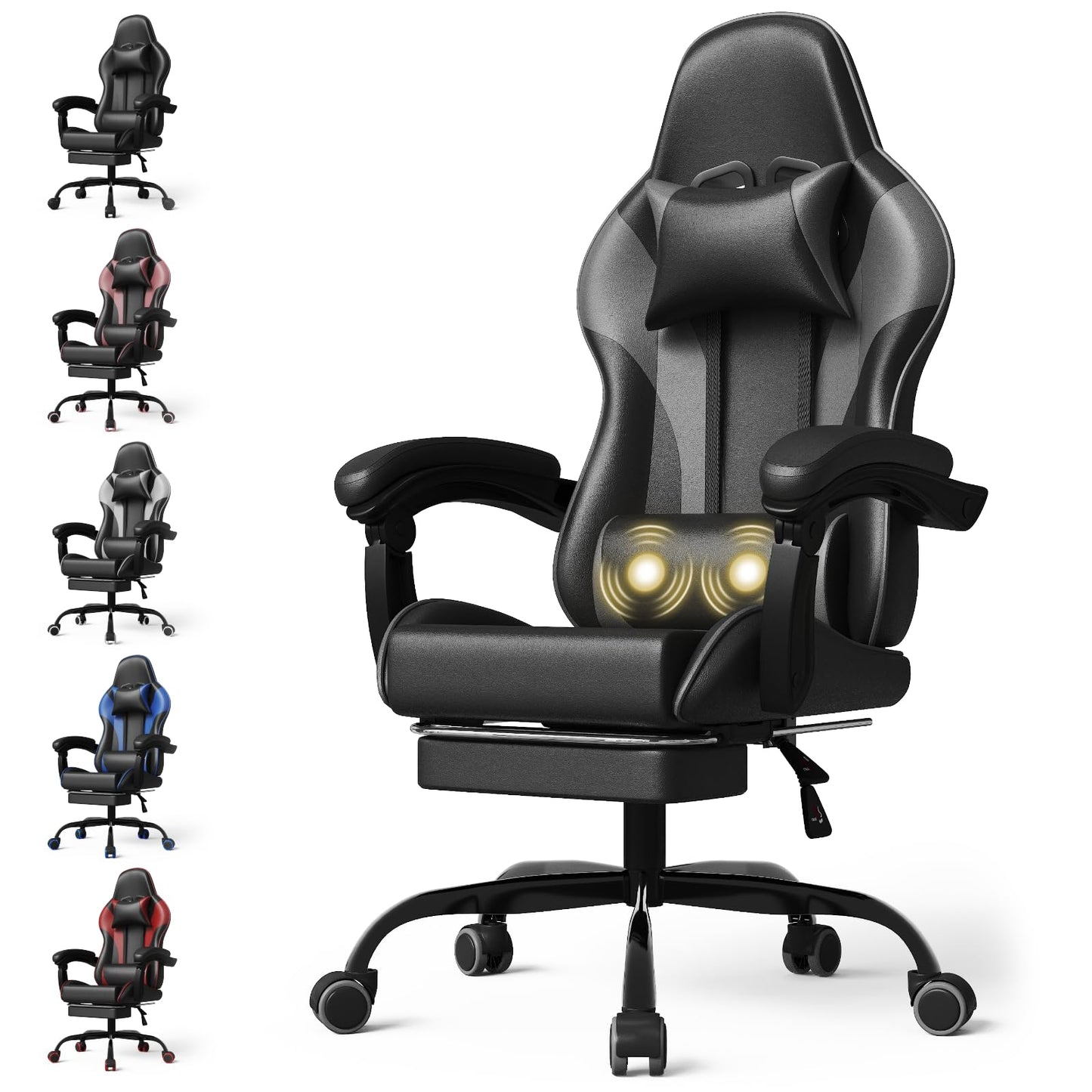 Devoko Massage Gaming Chair, Office Chair with Footrest and Massage Lumbar Cushion, Gamer Chair with Headrest, Ergonomic Gaming PC Chair 150 kg Load Capacity, Black
