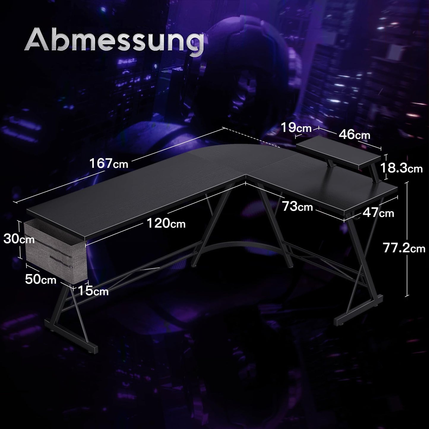 ODK Gaming Tisch, Gaming Schreibtisch Eckschreibtisch für Gamer, Schreibtisch L Form mit Monitorständer für Büro (Schwarz, 127 x 127 cm)