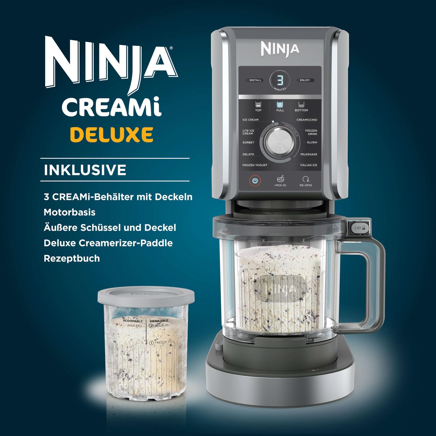Ninja CREAMi Eismaschine & Dessertmaschine mit 3 Behältern, 7 Programmen, Herstellung von Eis, Gelato, Sorbet, Smoothie-Bowls, Milchshakes und mehr, Schwarz/Silber, 1,4L Eiscreme Kapazität, NC300EU