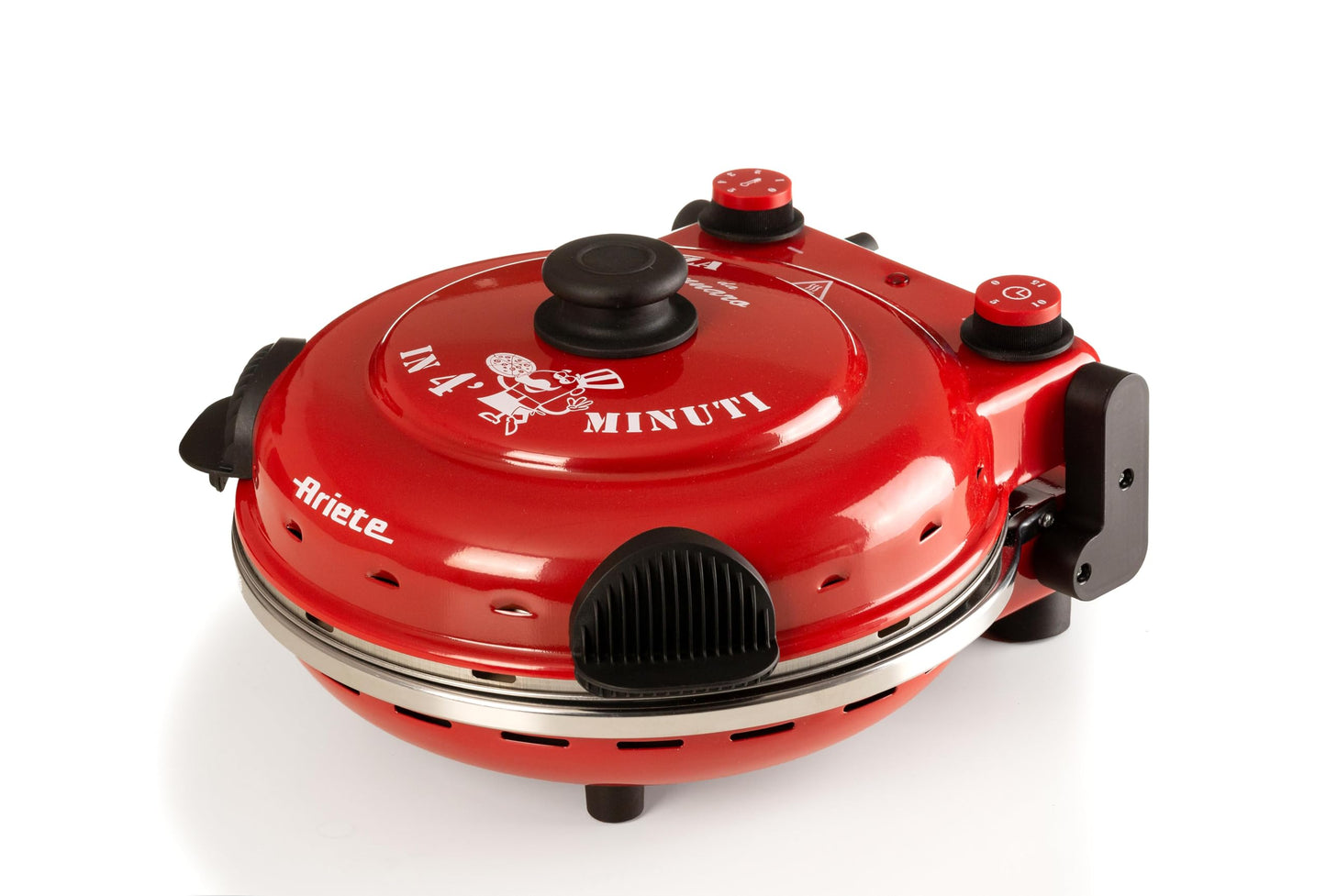 Ariete Pizzaofen 919, 4-Minuten-Pizza, Pizzaofen mit 5 Garstufen, Feuerfeste Platte zum Wiederaufwärmen, Holzbrettchen im Lieferumfang Enthalten, Max. Temperatur 400°C, 1200W, Rot