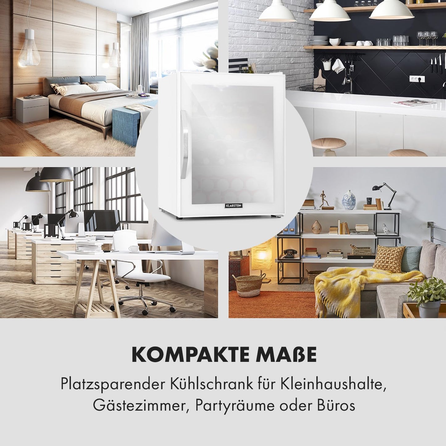 Klarstein Mini Fridge with Glass Door, Mini, for Room, Drinks Fridge Small with Adjustable Shelves, with Waveform Racks, 60 Liter Refrigerator Quiet