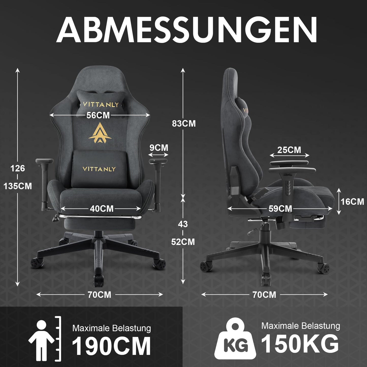 Vittanly Gaming Chair, Luxurious Breathable Imitation Suede Office Chair Gaming Chair, Ergonomic Gamer Chair with Footrest Headrest and Lumbar Cushion, 3D Armrests, 90-155° Backrest, Gray