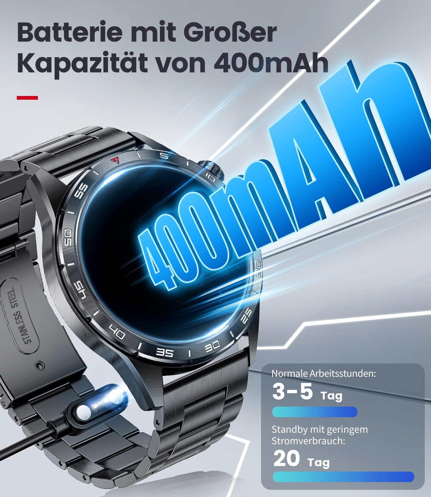 LIGE Smartwatch Herren mit 400mAh Lange Akkulaufzeit für Android iOS,1.43'' Amoled Display,110+ Sportmodi,Bluetooth-Anrufe,IP68 Wasserdicht Fitnessuhr mit Herzfrequenz, SpO2, Schlafmonitor,3 Armbänder