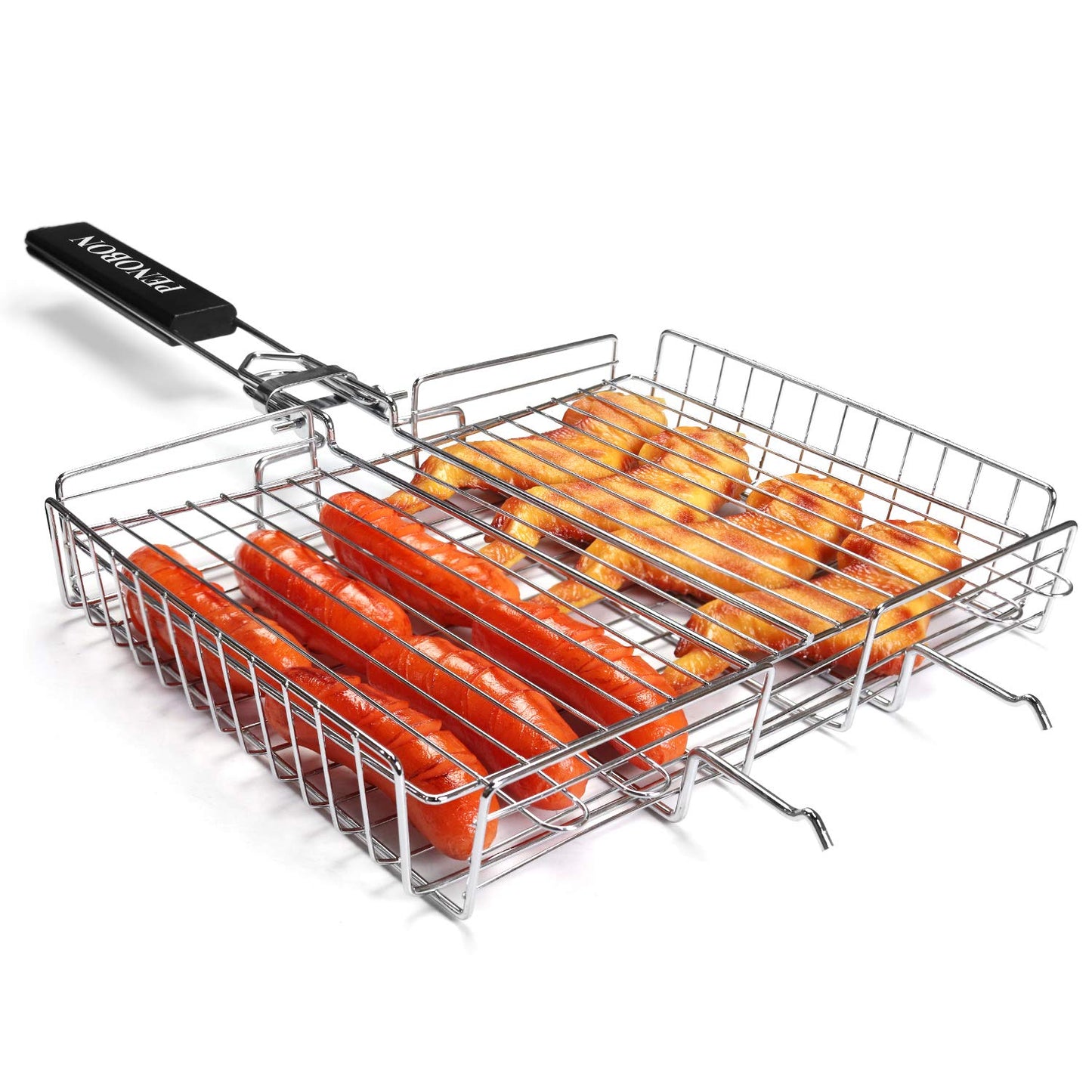 penobon Fisch-Grillkorb, faltbar, tragbarer Edelstahl-Grillkorb für Fischgemüse, Garnelen mit abnehmbarem Griff, mit Backpinsel und Aufbewahrungstasche (Tipo 1)