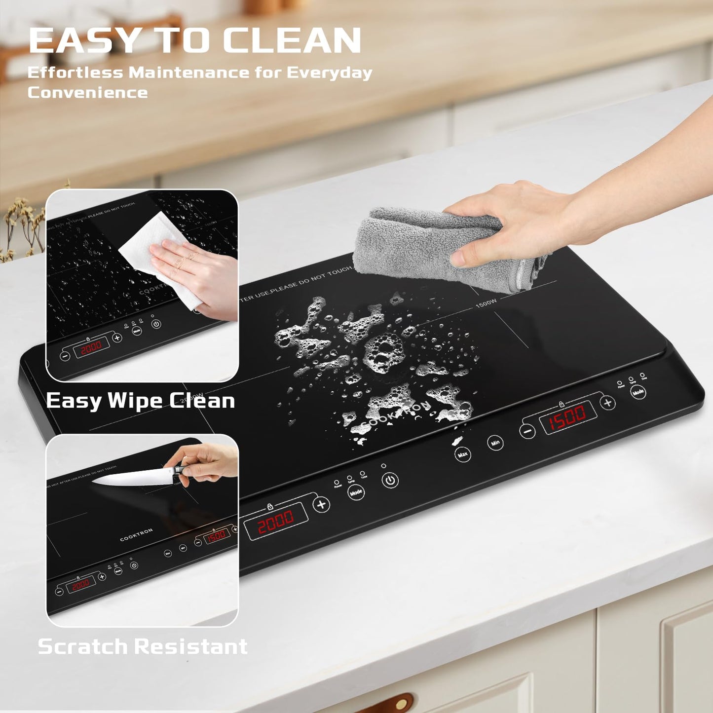 COOKTRON Induktionskochfeld 2 Platten Mobil, 3500W Doppel-Induktionskochplatte mit 6 Leistungsstufen, 10 Temperaturstufen, 3-Stunden-Timer, Touch-Steuerung, Ideal für Camping und Küche, Schwarz
