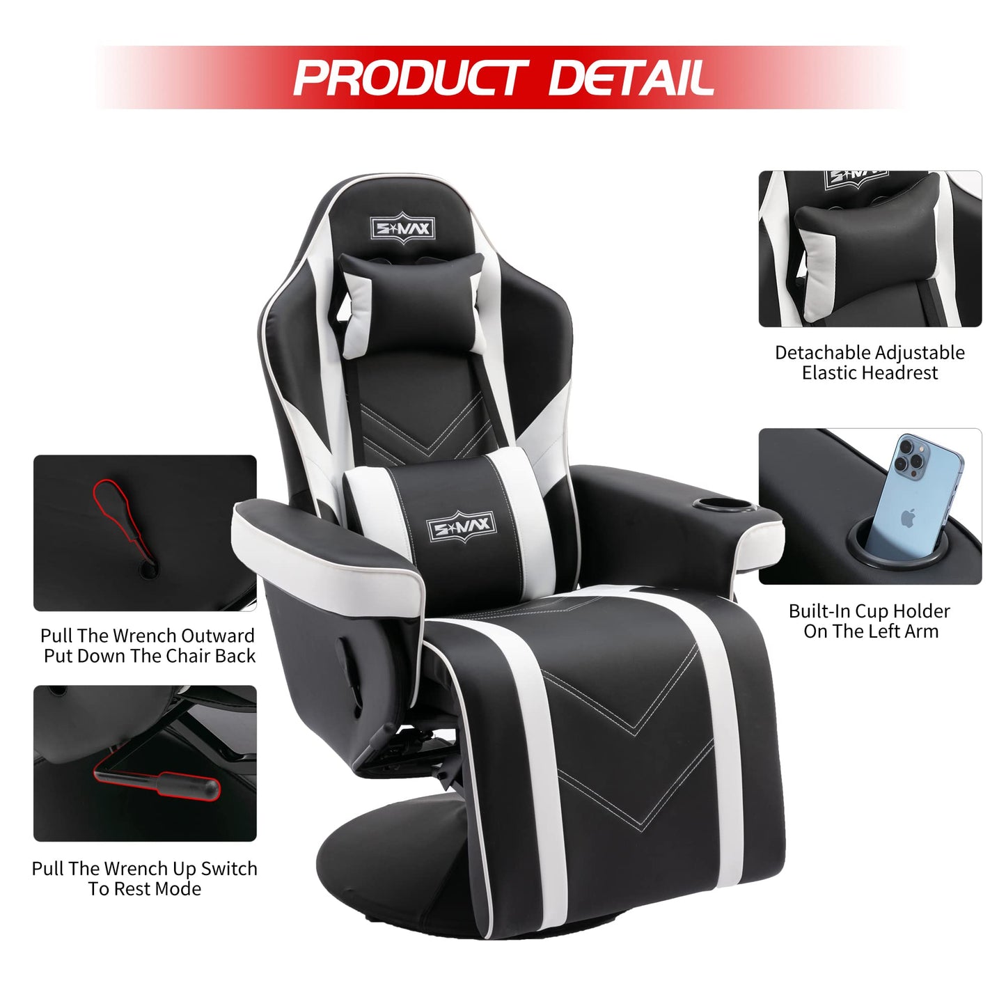 S*MAX Gaming Stuhl mit Fußstütze Gaming Sessel hoher Rückenlehne mit Verstellbarer Rückenlehne Becherhalter Seitentasche Gaming Stühle für Erwachsene Schwarz