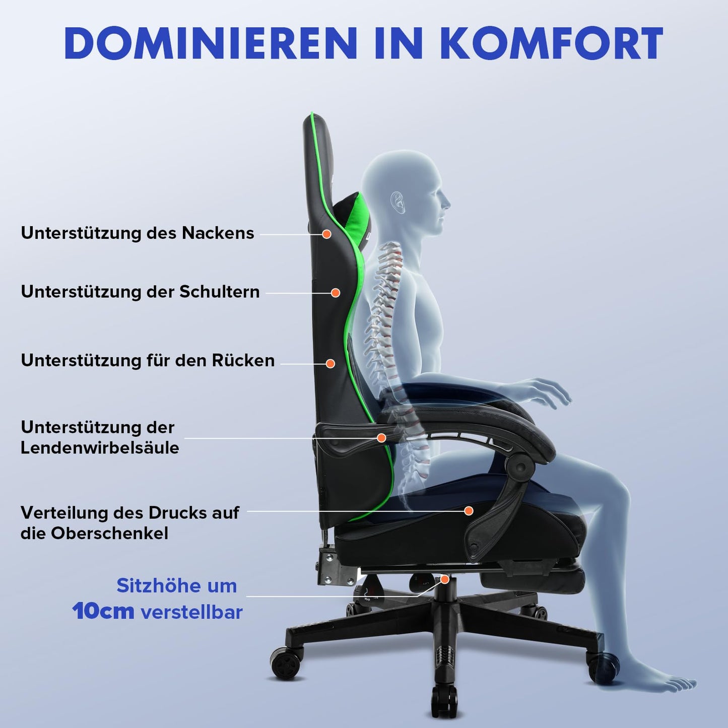 LUCKRACER Gaming Stuhl mit fußstütze Bürostuhl Ergonomisch mit verstellbare Lendenkissen, Kopfkissen Gaming Chair,Höhenverstellbarer Gamer Stuhl, 150 kg Belastbarkeit Grau