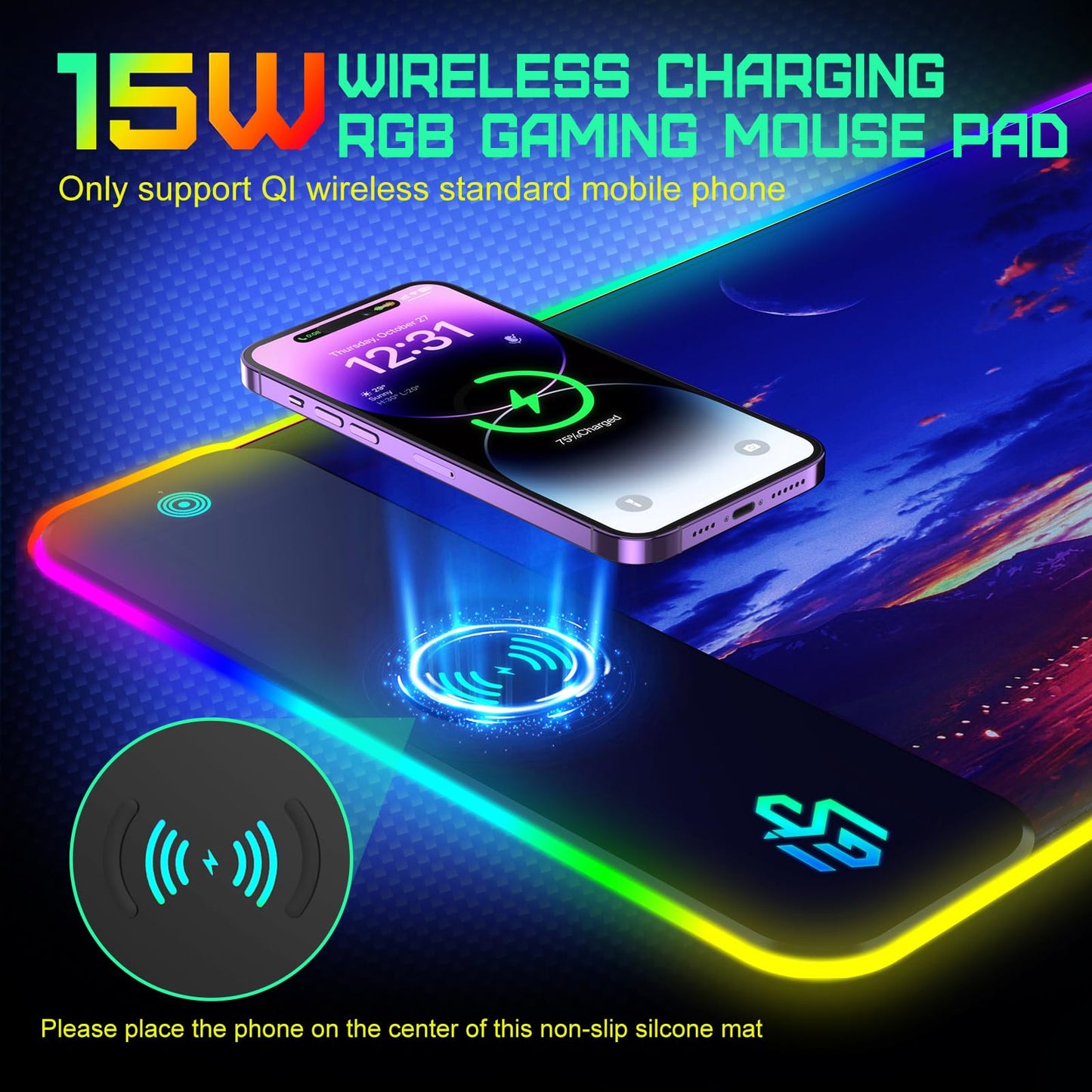 RGB Gaming Mauspad 15W Qi Mousepad LED, 10 Beleuchtungsmodi mit 15W Schnellladung Qi Kabelloses Laden für I-Phone Handy, Kopfhörer, Wasserdicht, rutschfest für Gaming, Schreibtische, PC und Büro