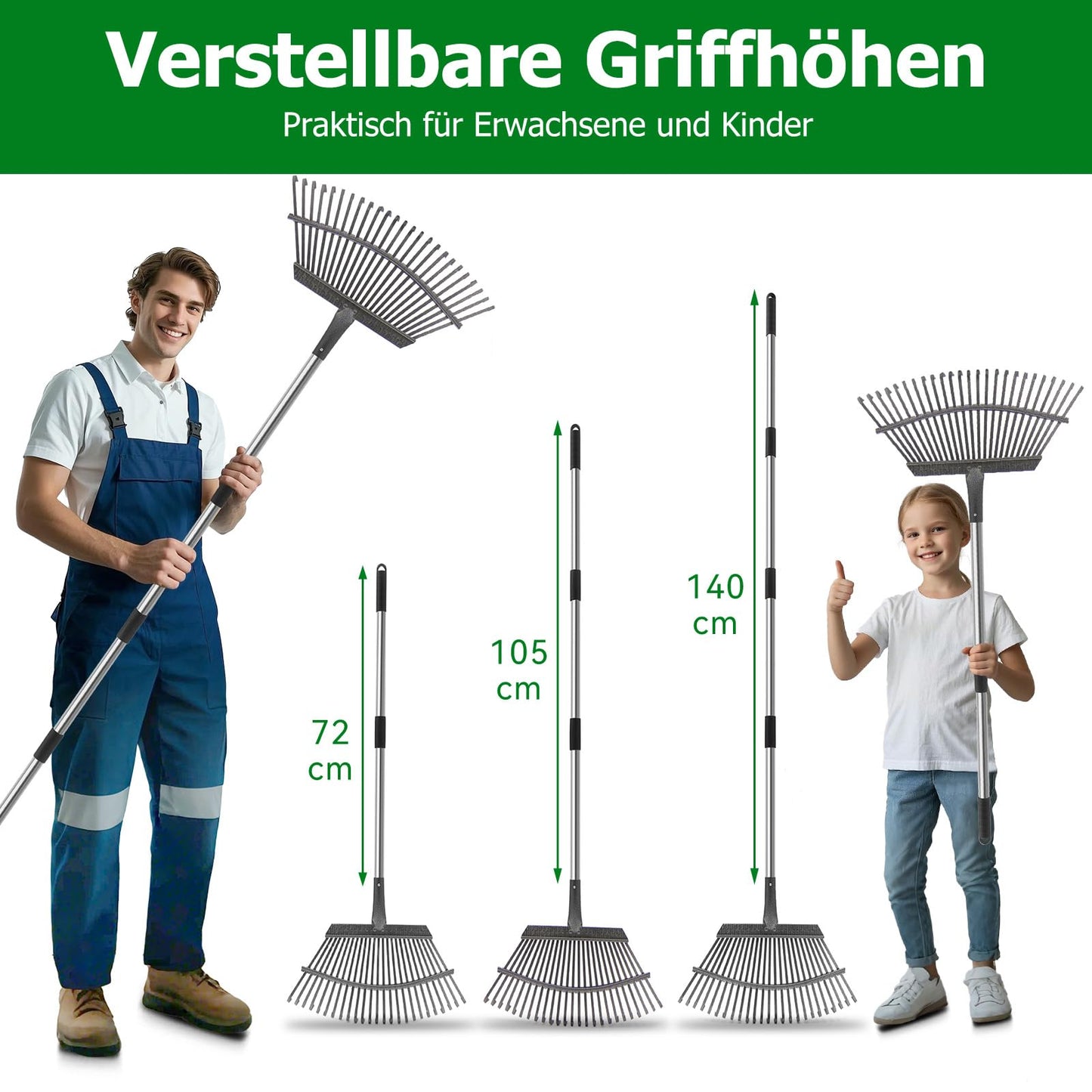 25-Zinken Garten Rechen für Laub, Rasen & Gras, Verstellbarer Langer Stiel Laubrechen, Breiter Metall-Rechenkopf, Ergonomisches Design, Effiziente Reinigung Laubsammler für Garten, Rasen, Moos