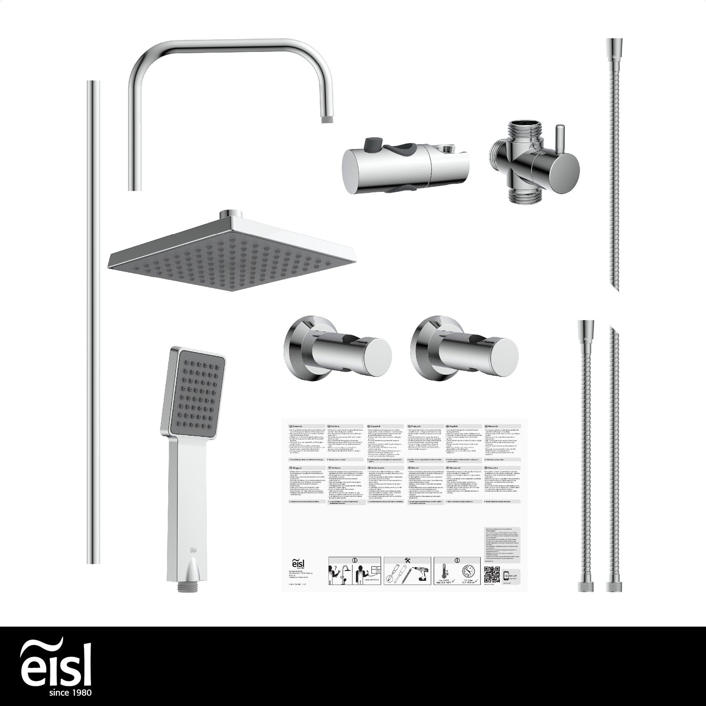 EISL Duschset EASY FRESH, Duschsystem ohne Armatur 2 in 1 mit großer Regendusche (250 x 200 mm) und Handbrause, Regendusche ohne Armatur ideal zum Nachrüsten, komplettes Montageset, Chrom DX12006