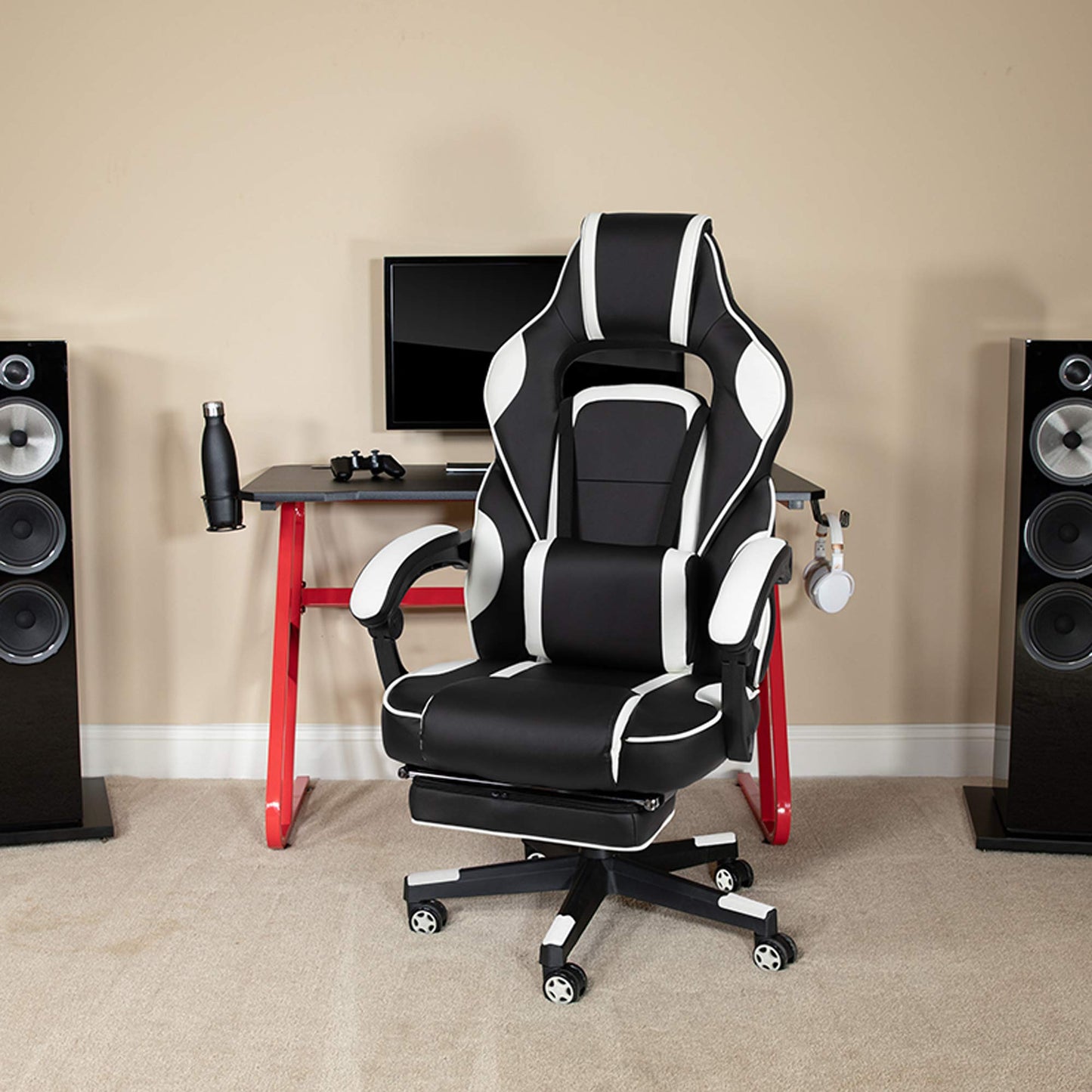 Flash Furniture X30 Gaming-Stuhl, ergonomischer Bürostuhl für PC- und Gaming-Setups, verstellbarer Rennsport-Stuhl mit vollständig verstellbarer Rückenunterstützung, schwarz mit weißer Verzierung