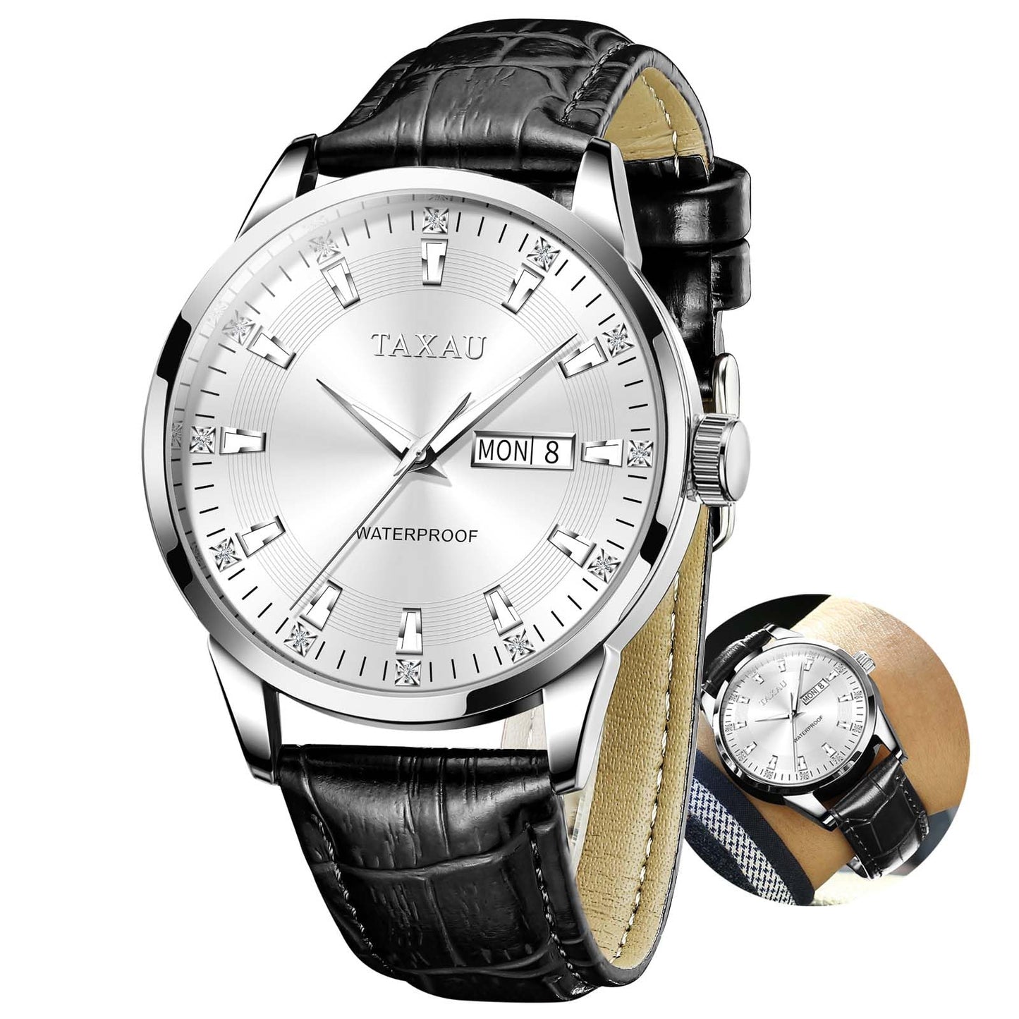 Taxau Klassische Lederuhren für Männer Analog Quartz Big Dial Luxus Armbanduhren Wasserdicht Luminous Day Date Reloj para Hombre