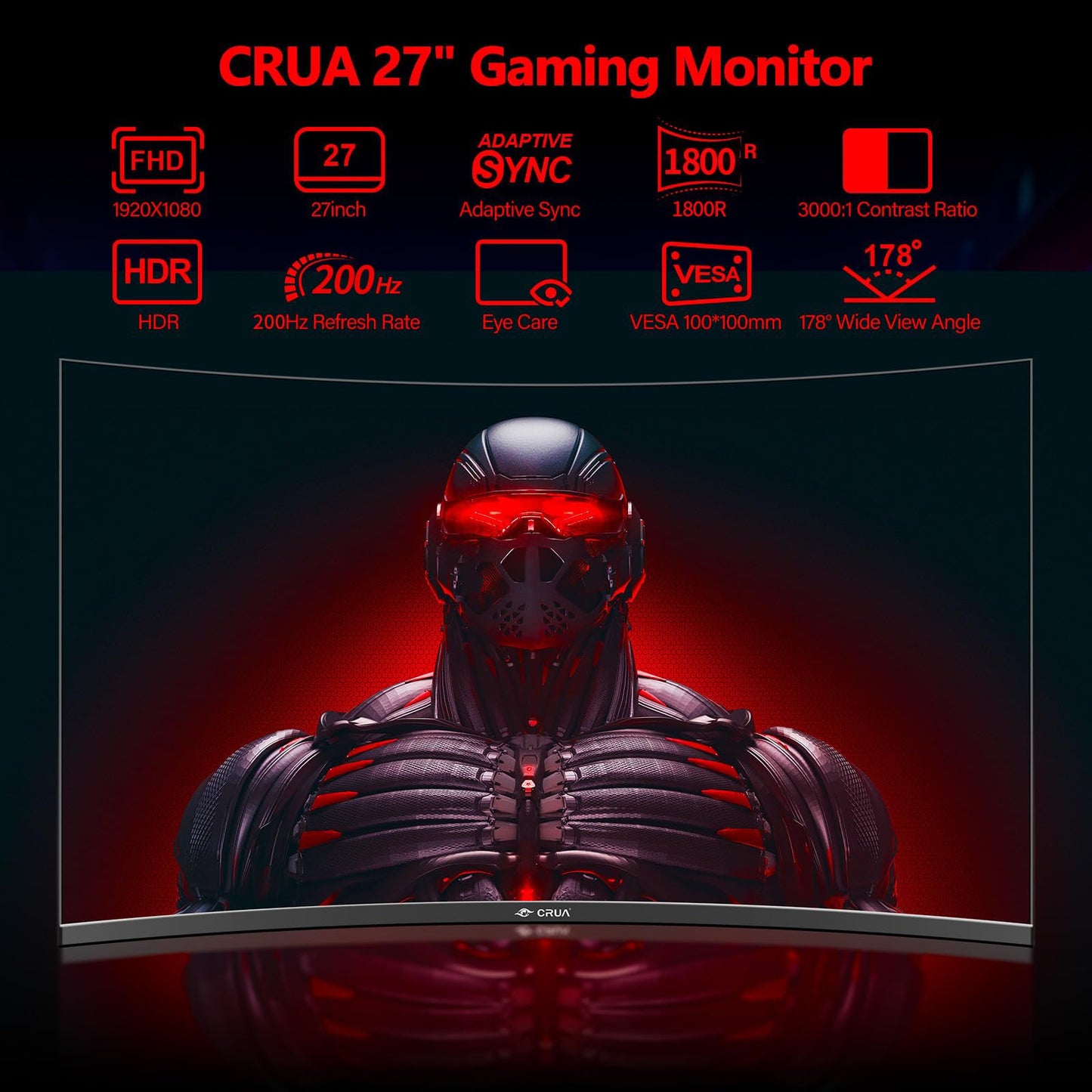 CRUA 27 Inch 200Hz Curved Gaming Monitor, FHD 1080P 1800R PC Monitor, 1ms GTG with FreeSync, Low Motion Blur, Eye Protection, VESA, DisplayPort, HDMI, Black