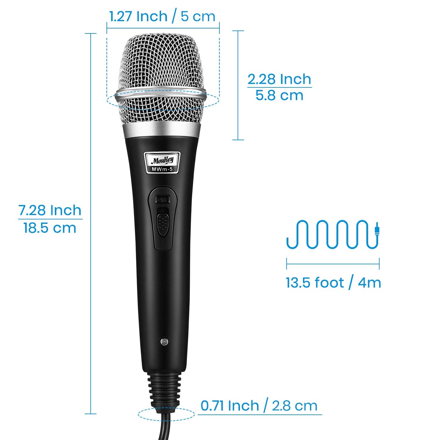 Moukey Dynamisches Mikrofon mit 4M/13ft Kabel, Metall Karaoke Handmikrofon, XLR-Mikrofon für Gesang/Bühne/Party, Kompatibel mit Karaoke Maschine/PA Anlage/Verstärker/Mixer, Grau