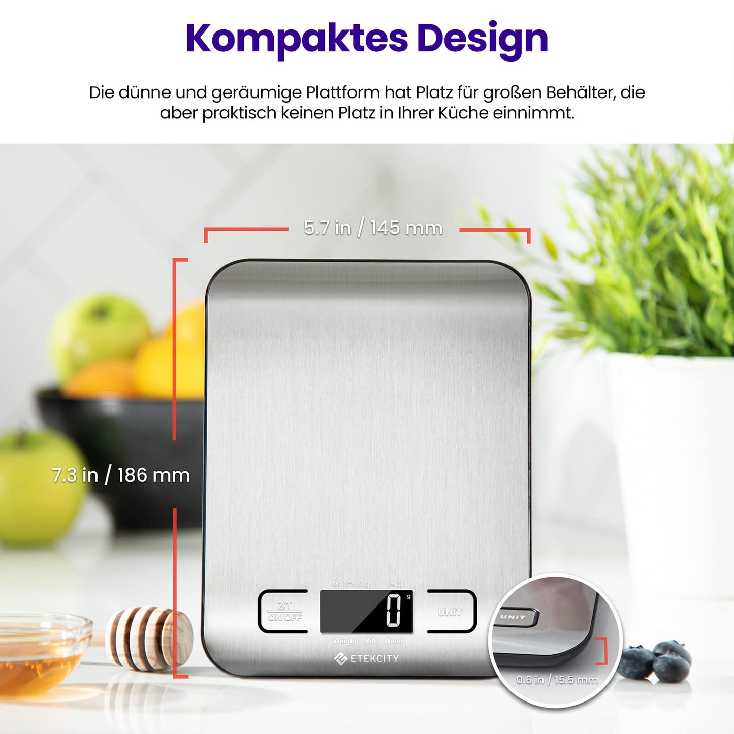 ETEKCITY Küchenwaage, digital 5KG mit großem LCD-Display,Digitalwaage, Briefwaage mit Großer Edelstahl Wiegefläche, Flüssigkeitsmessung, hohe Präzision auf bis zu 1g, Tara-Funktion, Silber