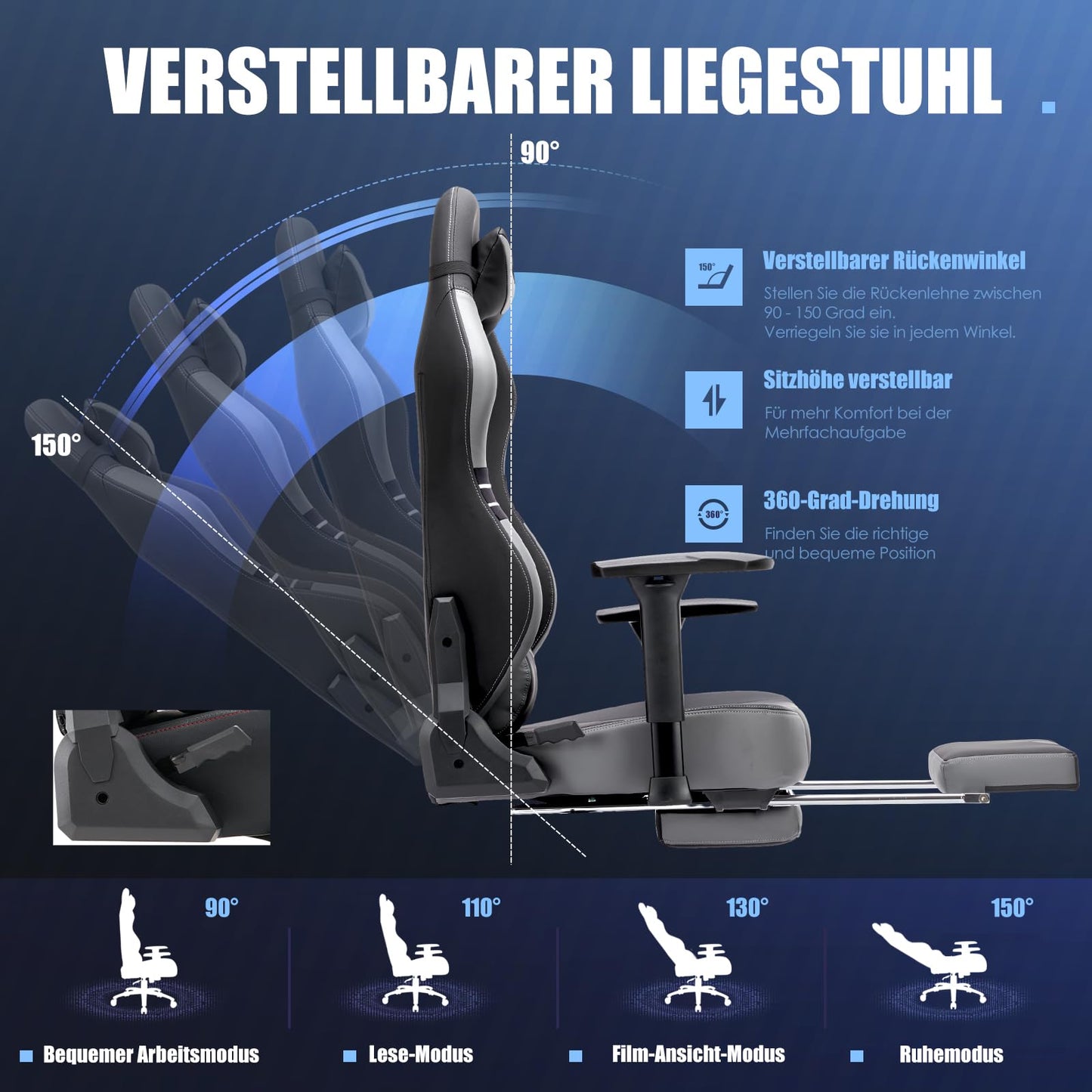 COLAMY Gaming Stuhl mit Fußstütze 160 KG Belastbarkeit-Computer Gamer PC Stuhl, Ergonomisch Hohe Rückenlehne, Verstellbare Rückenlehne, 3D Armlehnen, Kopfstütze und Lordosenstütze, Schwarz