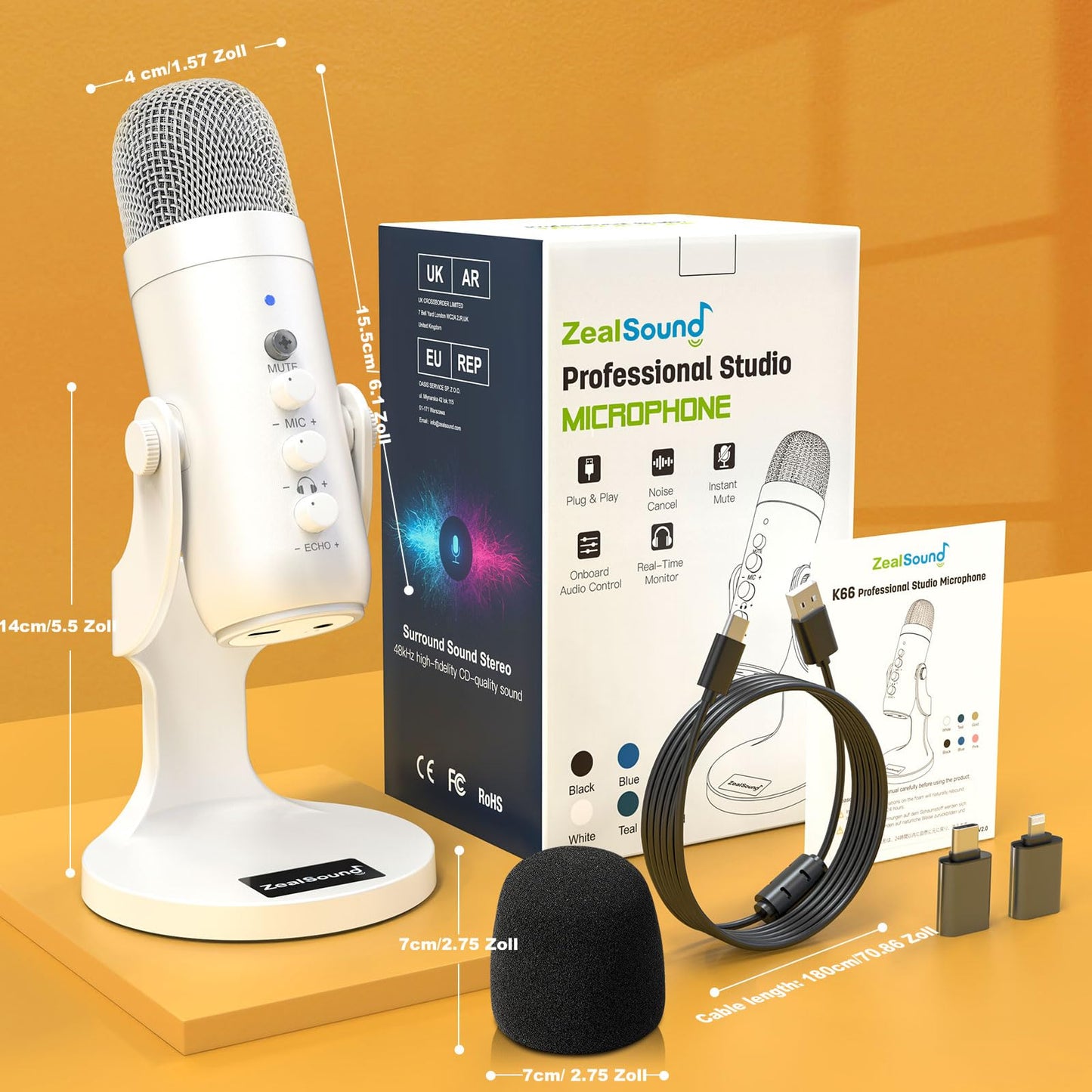 zealsound USB Mikrofon, Kondensator Mikrofon für PC Handy, PS4, PS5, Microphone PC USB C für Gaming, Podcast,Aufnahmen,Streaming,ASMR mit Stumm/Gain/Echo, Adapter für Phone,Kompatibel mit Mac, Winows