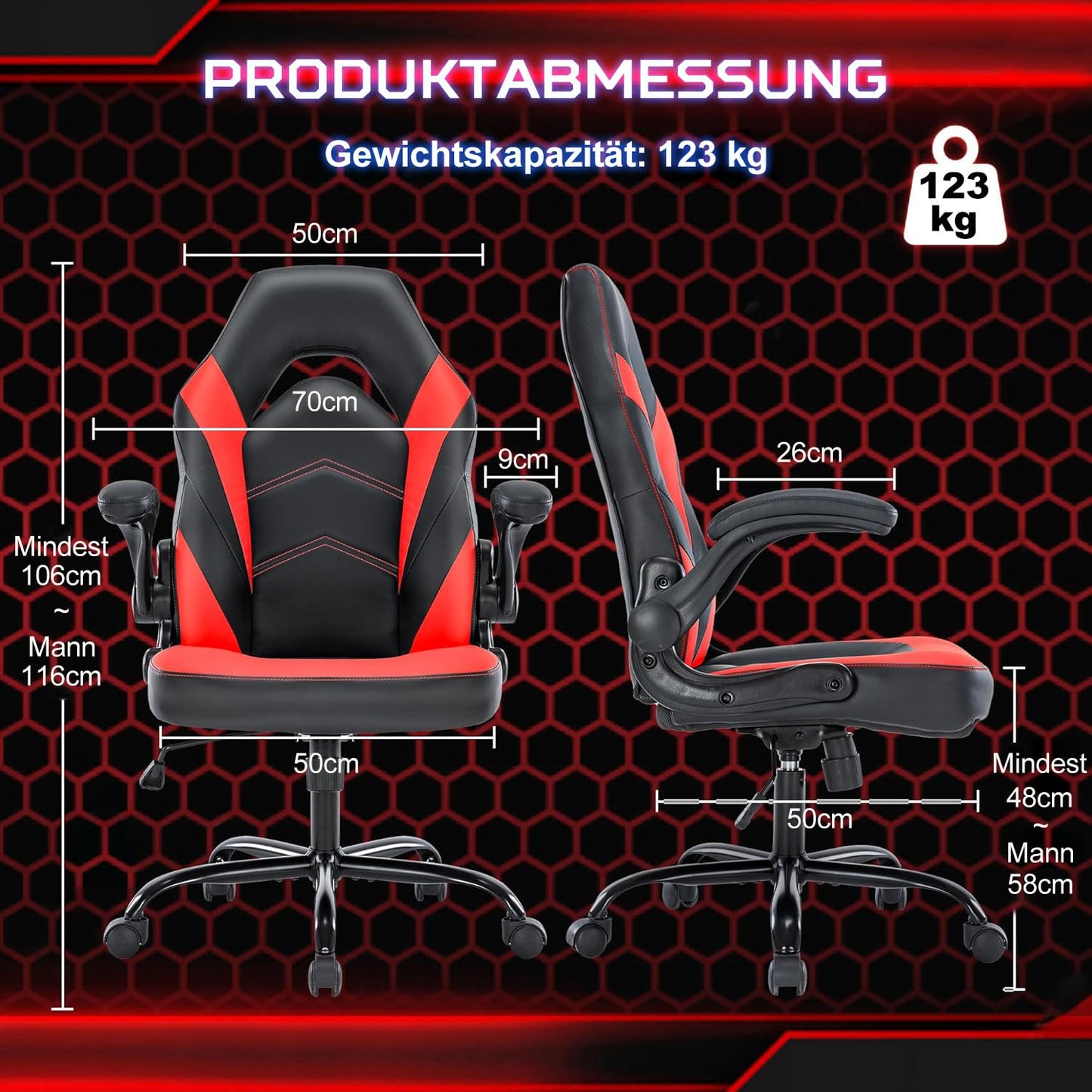 DUMOS Gaming Chair - Ergonomic Gaming Chair, Adjustable Swivel Gaming Chair Made of PU Leather with Folding Armrests, Suitable for Home, Offices etc. (Black-Gray)